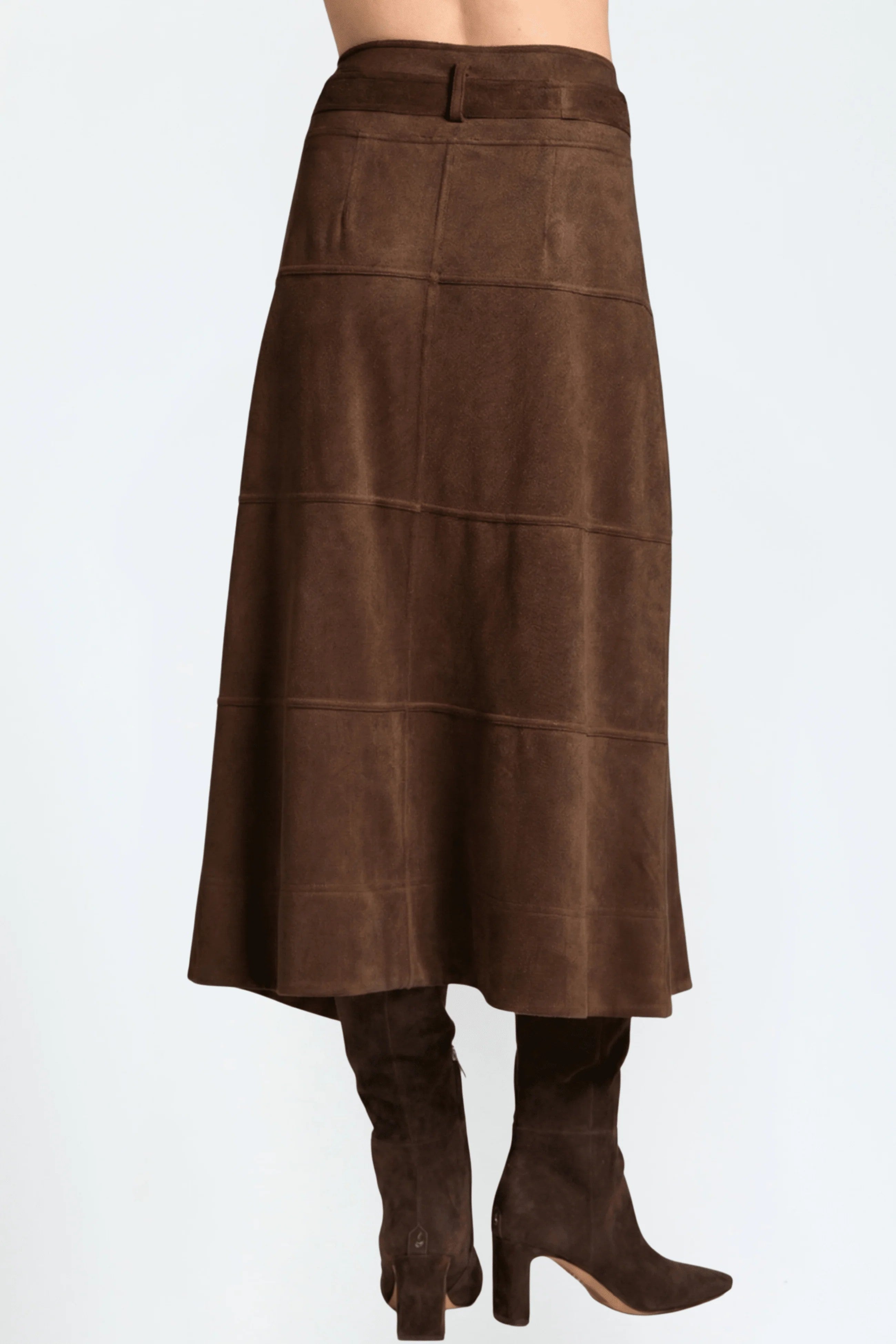 APNY Vegan Suede Tie Front Midi Skirt in Chocolate Brown-midi skirt-APNY-Deja Nu Boutique, Women's Fashion Boutique in Lampasas, Texas
