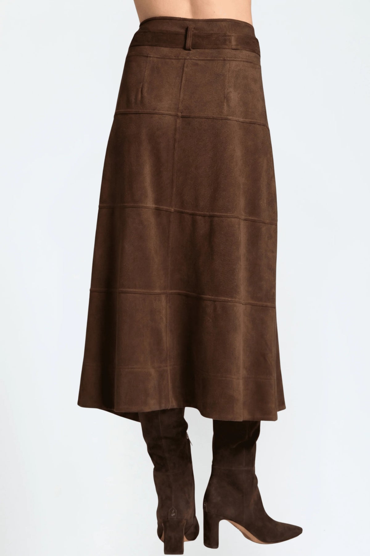 APNY Vegan Suede Tie Front Midi Skirt in Chocolate Brown-midi skirt-APNY-Deja Nu Boutique, Women's Fashion Boutique in Lampasas, Texas