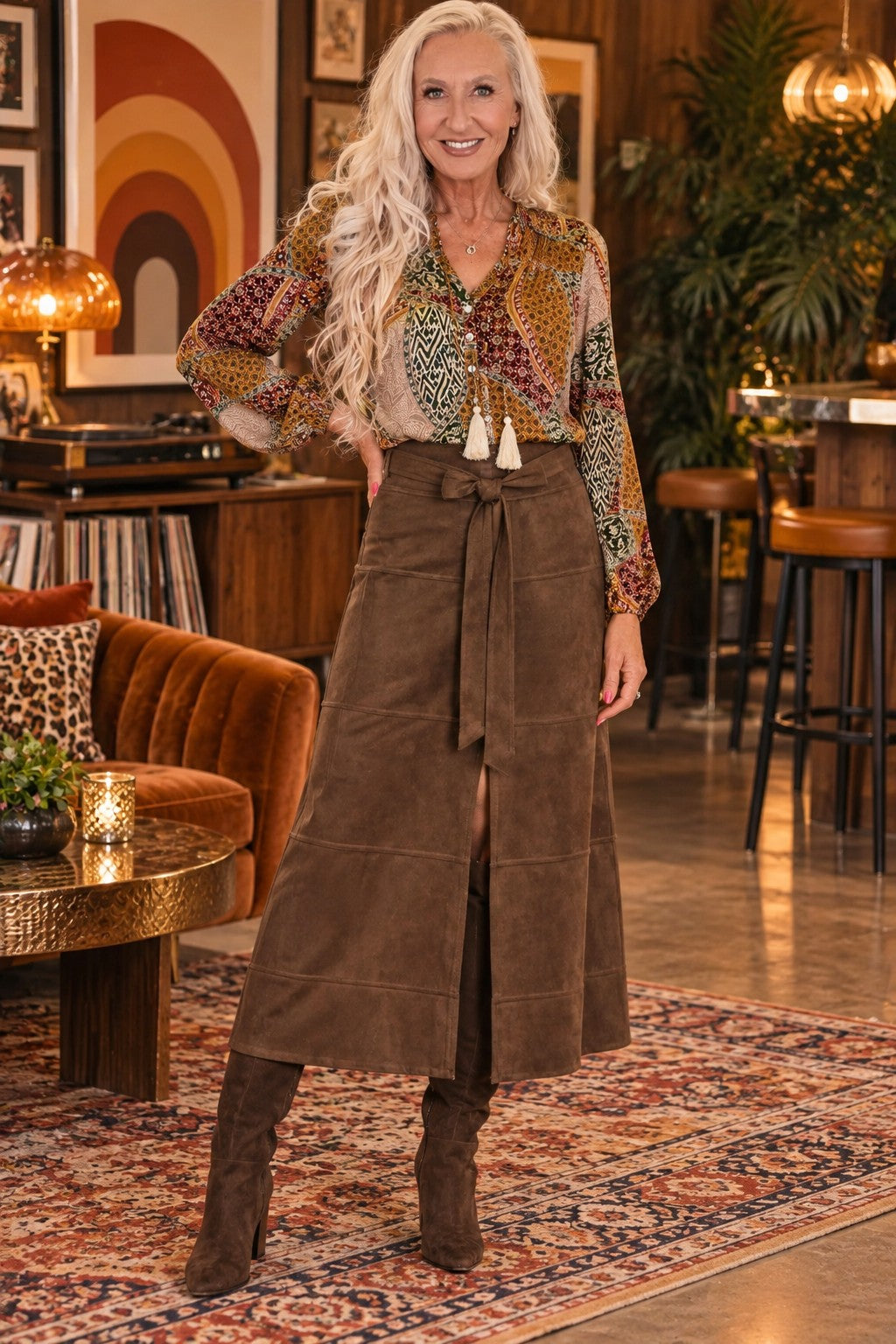 APNY Vegan Suede Tie Front Midi Skirt in Chocolate Brown-midi skirt-APNY-Deja Nu Boutique, Women's Fashion Boutique in Lampasas, Texas