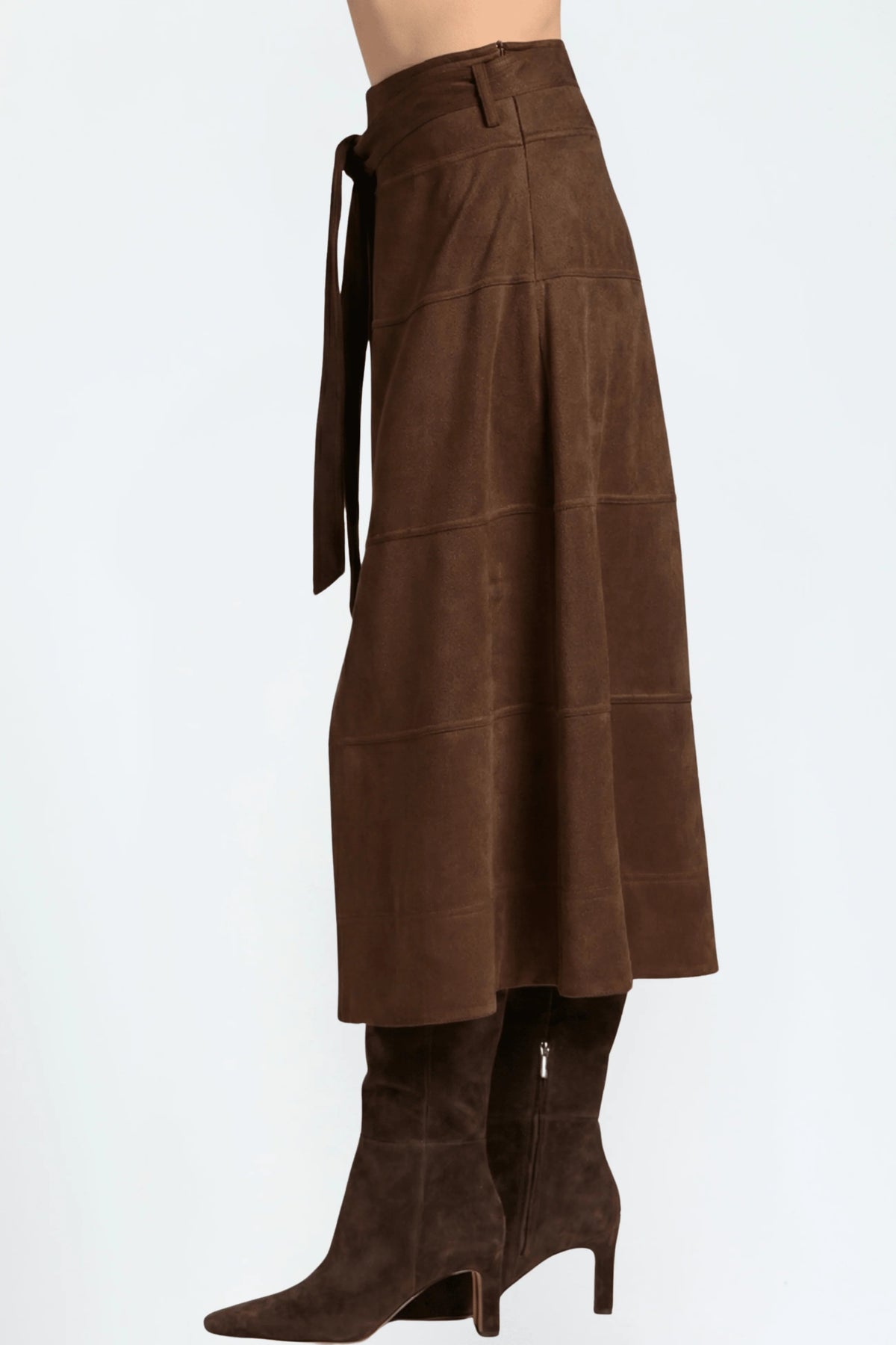 APNY Vegan Suede Tie Front Midi Skirt in Chocolate Brown-midi skirt-APNY-Deja Nu Boutique, Women's Fashion Boutique in Lampasas, Texas