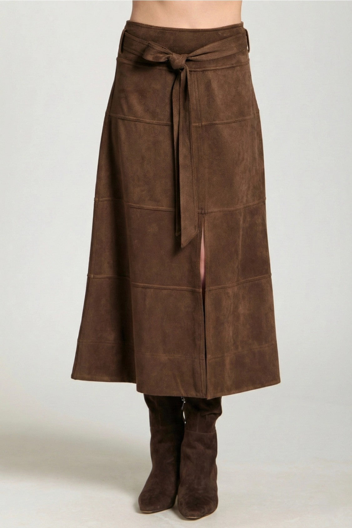 APNY Vegan Suede Tie Front Midi Skirt in Chocolate Brown-midi skirt-APNY-Deja Nu Boutique, Women's Fashion Boutique in Lampasas, Texas