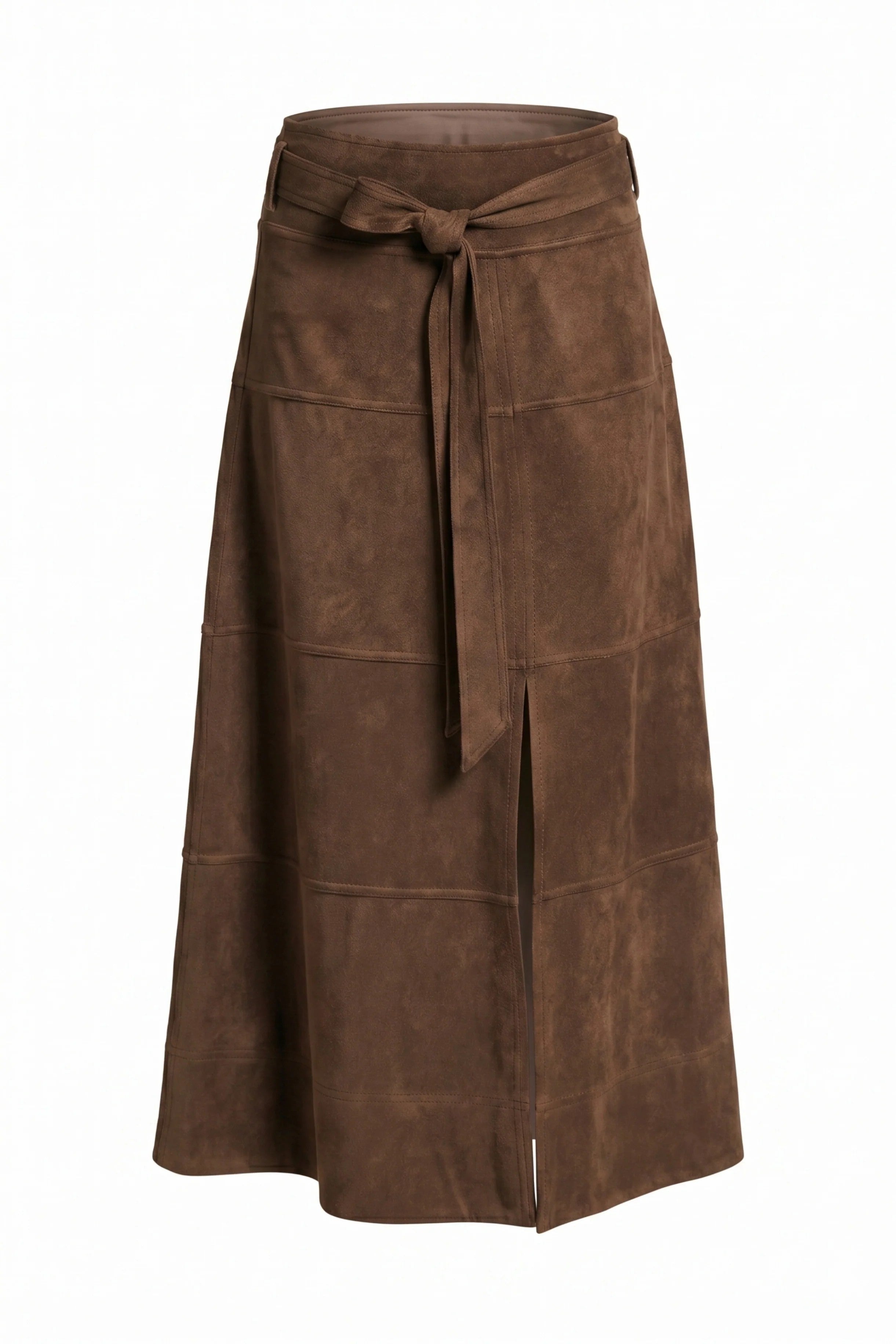 APNY Vegan Suede Tie Front Midi Skirt in Chocolate Brown-midi skirt-APNY-Deja Nu Boutique, Women's Fashion Boutique in Lampasas, Texas