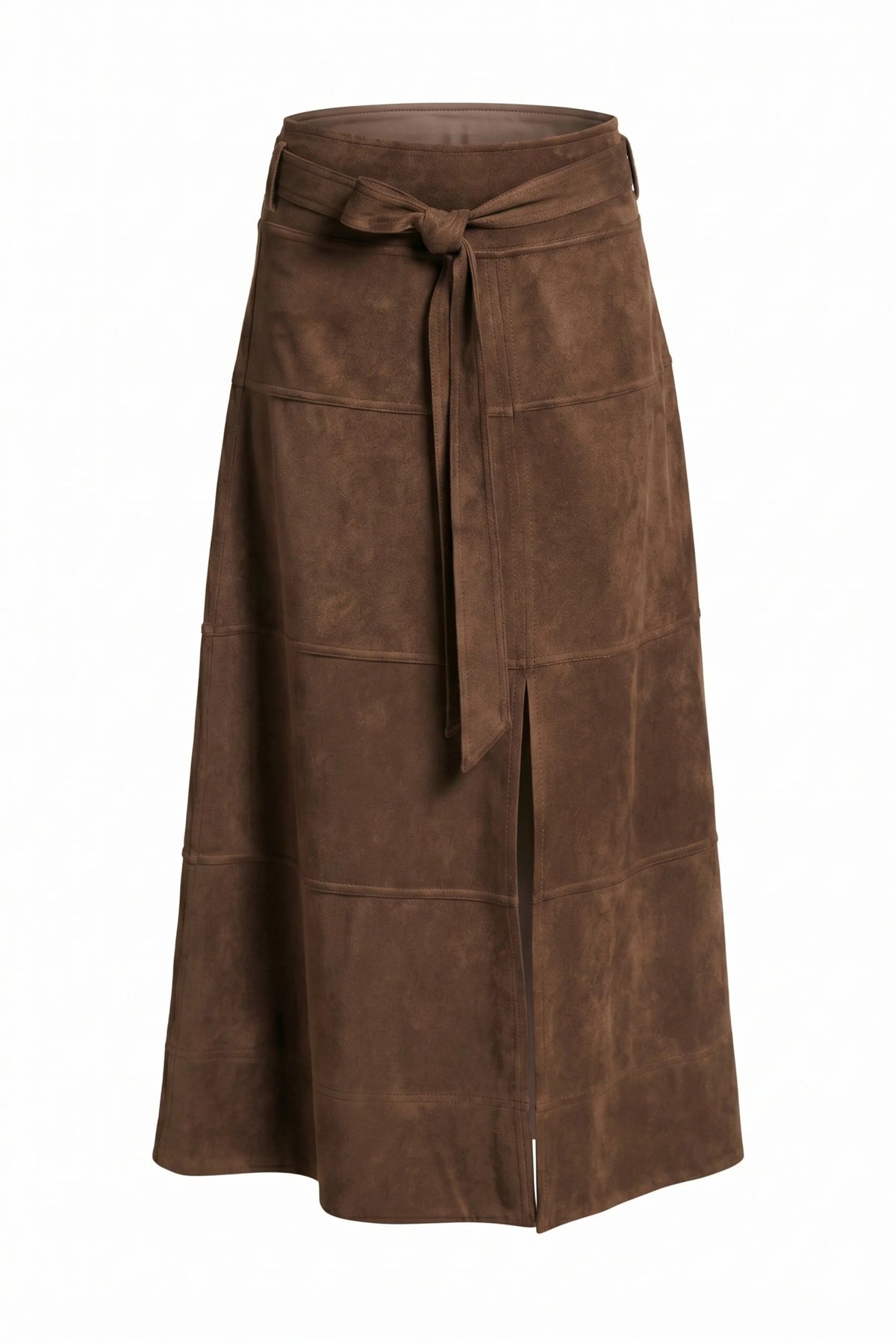 APNY Vegan Suede Tie Front Midi Skirt in Chocolate Brown-midi skirt-APNY-Deja Nu Boutique, Women's Fashion Boutique in Lampasas, Texas