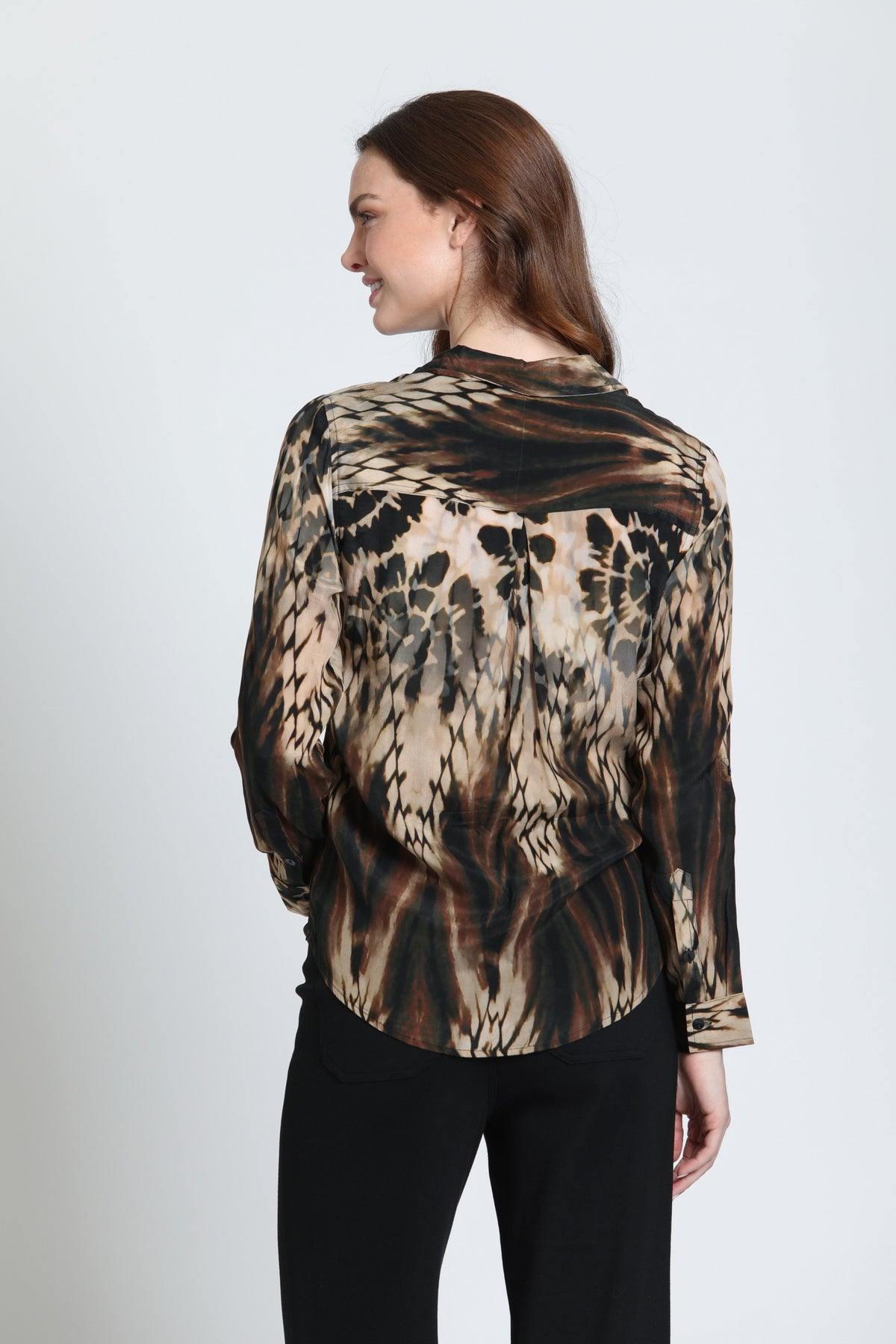 APNY Roll-Up Sleeve Button-Up Blouse in Espresso and Stone-shirts-APNY-Deja Nu Boutique, Women's Fashion Boutique in Lampasas, Texas