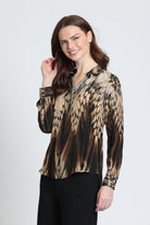 APNY Roll-Up Sleeve Button-Up Blouse in Espresso and Stone-shirts-APNY-Deja Nu Boutique, Women's Fashion Boutique in Lampasas, Texas