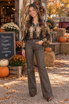 APNY Roll-Up Sleeve Button-Up Blouse in Espresso and Stone-shirts-APNY-Deja Nu Boutique, Women's Fashion Boutique in Lampasas, Texas