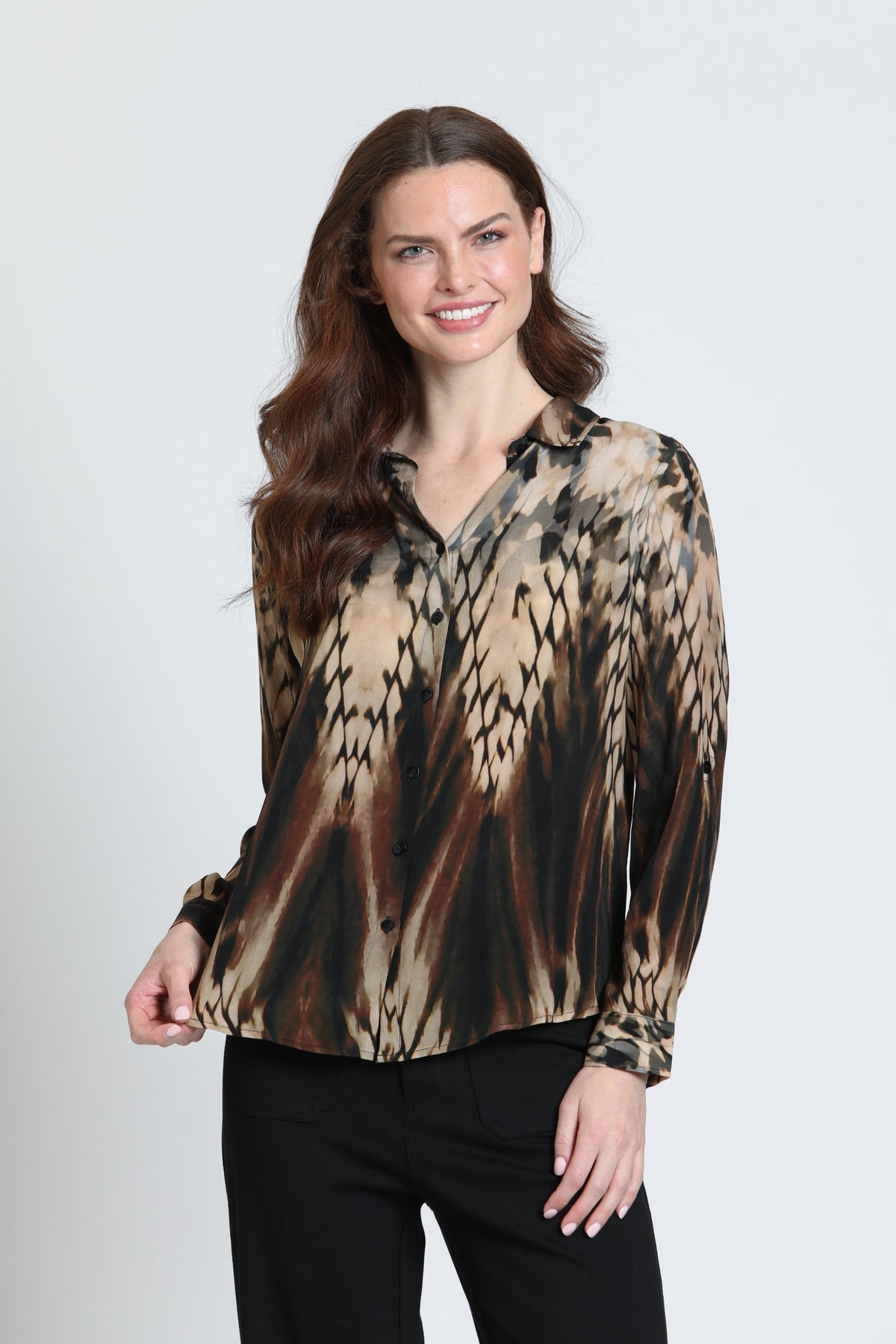 APNY Roll-Up Sleeve Button-Up Blouse in Espresso and Stone-shirts-APNY-Deja Nu Boutique, Women's Fashion Boutique in Lampasas, Texas