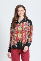 APNY Flames Crimson & Gilded Onyx Button-Up Blouse-shirts-APNY-Deja Nu Boutique, Women's Fashion Boutique in Lampasas, Texas