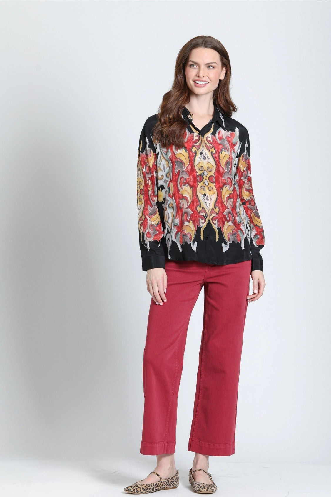 APNY Flames Crimson & Gilded Onyx Button-Up Blouse-shirts-APNY-Deja Nu Boutique, Women's Fashion Boutique in Lampasas, Texas