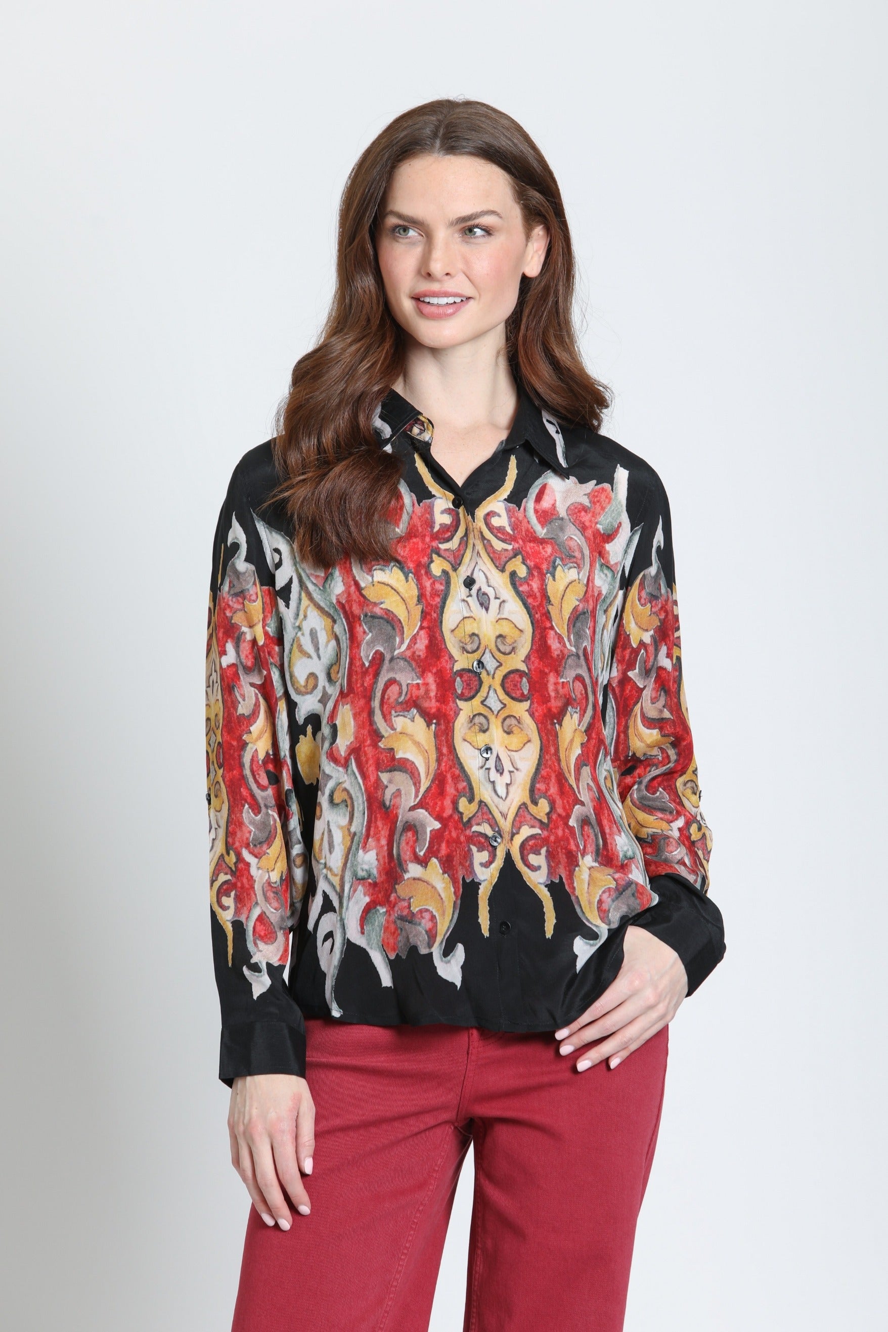 APNY Flames Crimson & Gilded Onyx Button-Up Blouse-shirts-APNY-Deja Nu Boutique, Women's Fashion Boutique in Lampasas, Texas