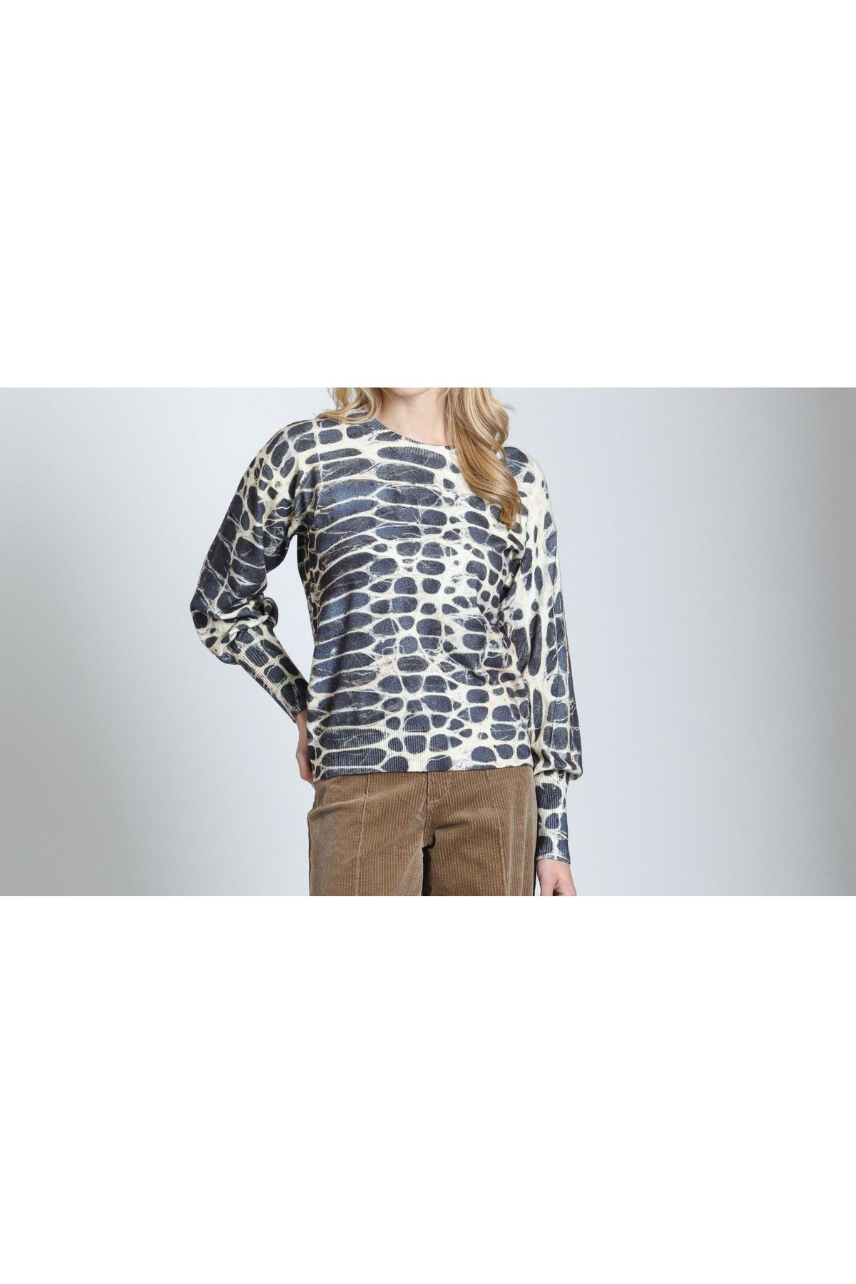 APNY Monochrome Reptile Crewneck Sweater in Smoky Monochrome-Sweaters-APNY-Deja Nu Boutique, Women's Fashion Boutique in Lampasas, Texas