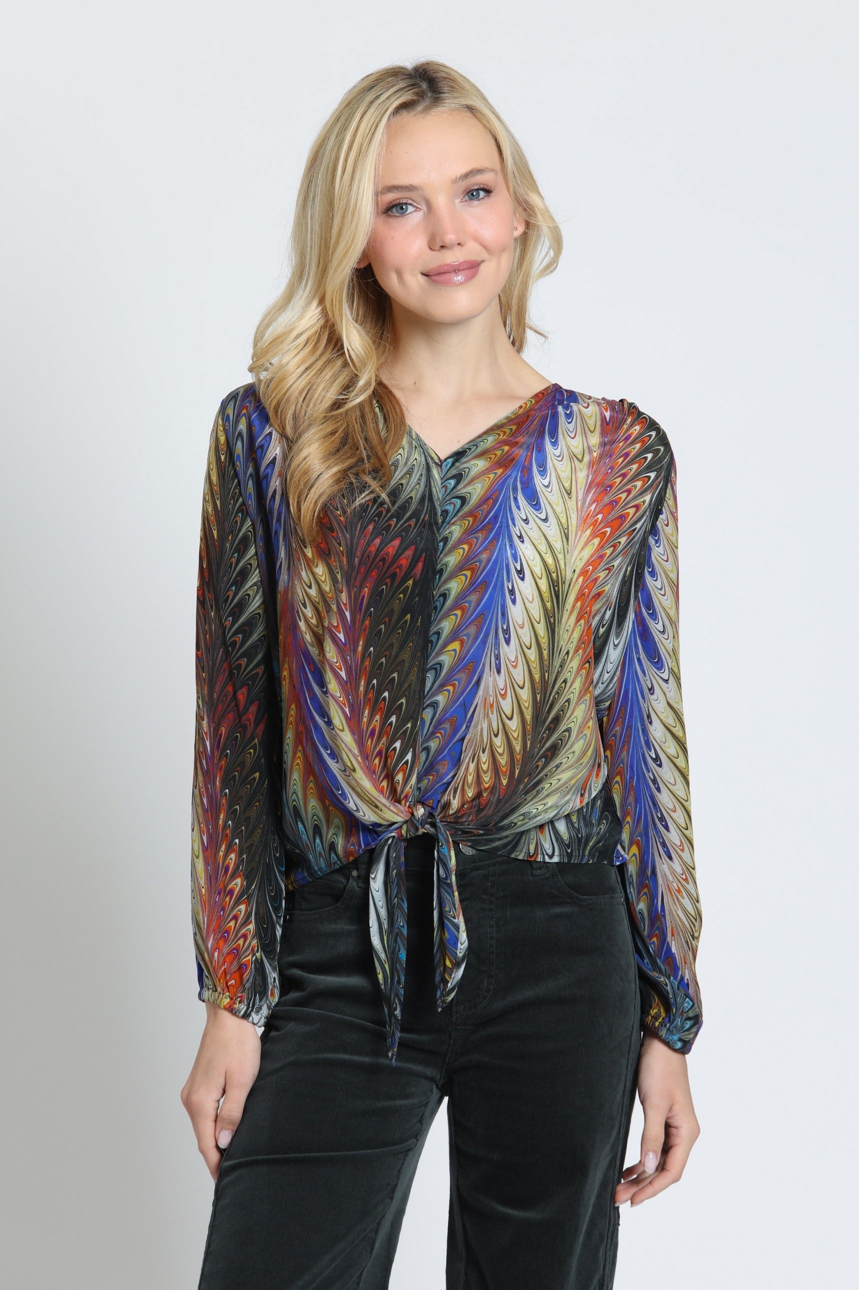 APNY Prismatic Harvest V-Neck Tie Front Top-Tops-APNY-Deja Nu Boutique, Women's Fashion Boutique in Lampasas, Texas