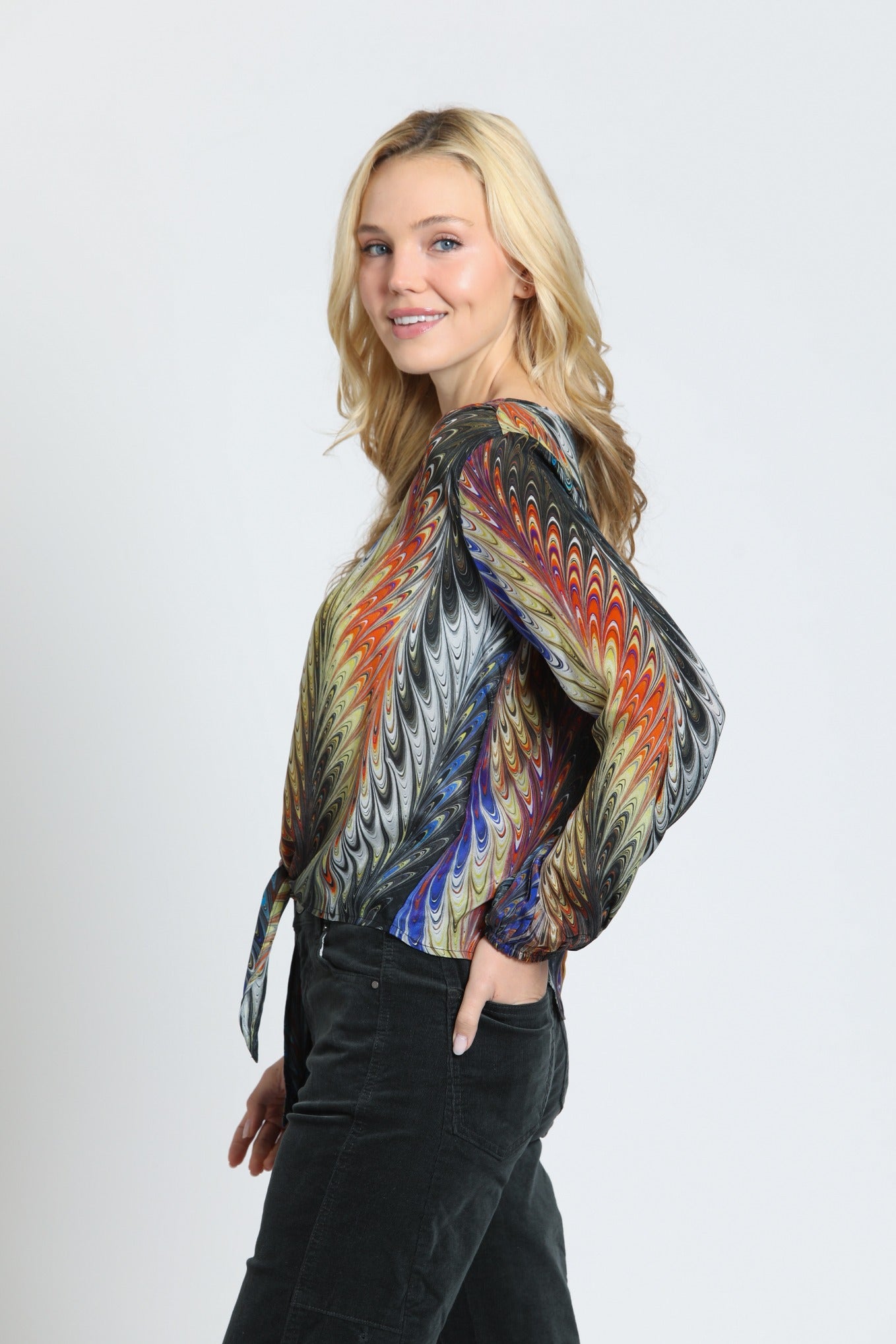 APNY Prismatic Harvest V-Neck Tie Front Top-Tops-APNY-Deja Nu Boutique, Women's Fashion Boutique in Lampasas, Texas