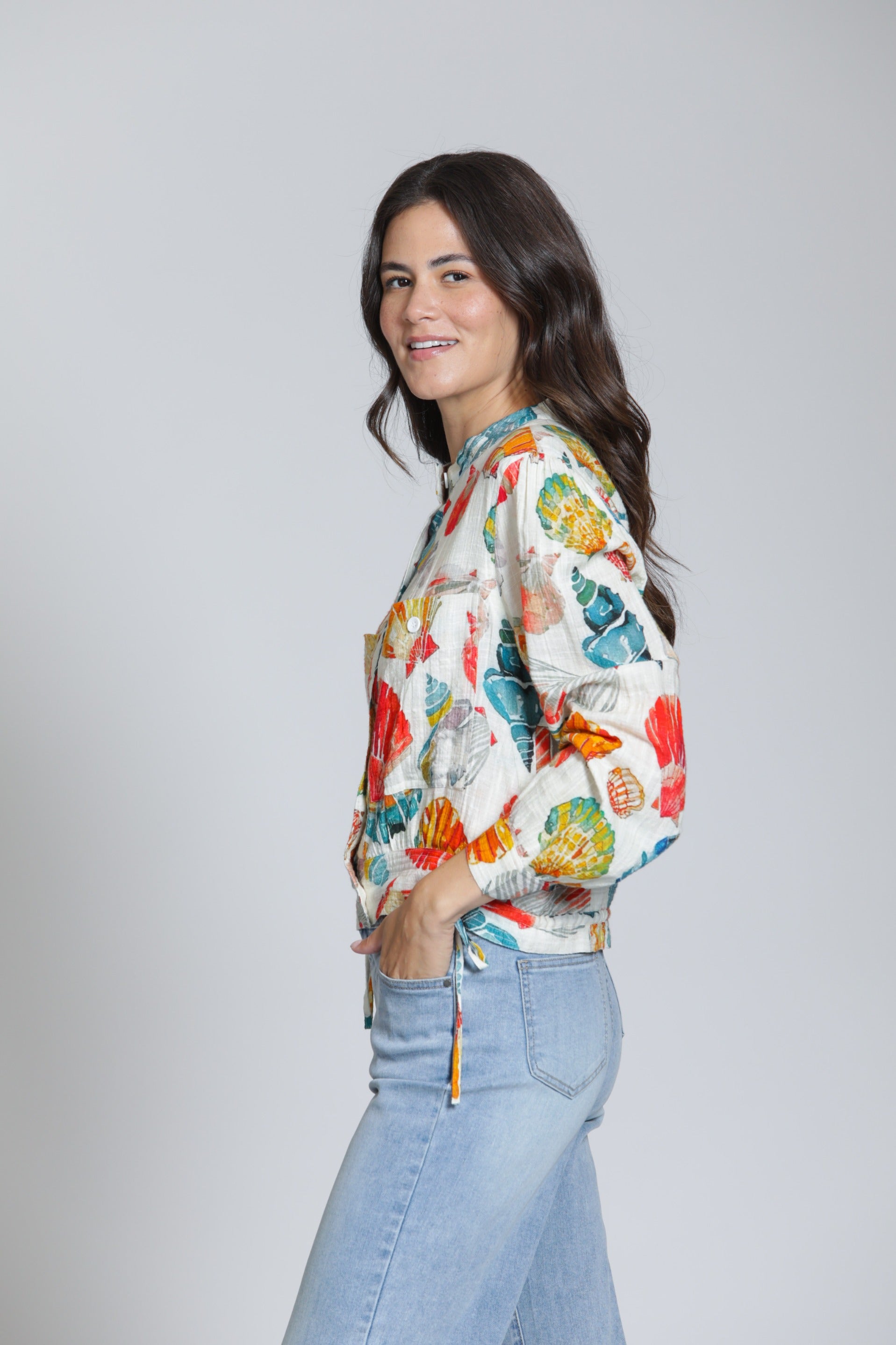 APNY Seashell Print Woven Shirt – Hot Coral Multi-Tops-APNY-Deja Nu Boutique, Women's Fashion Boutique in Lampasas, Texas