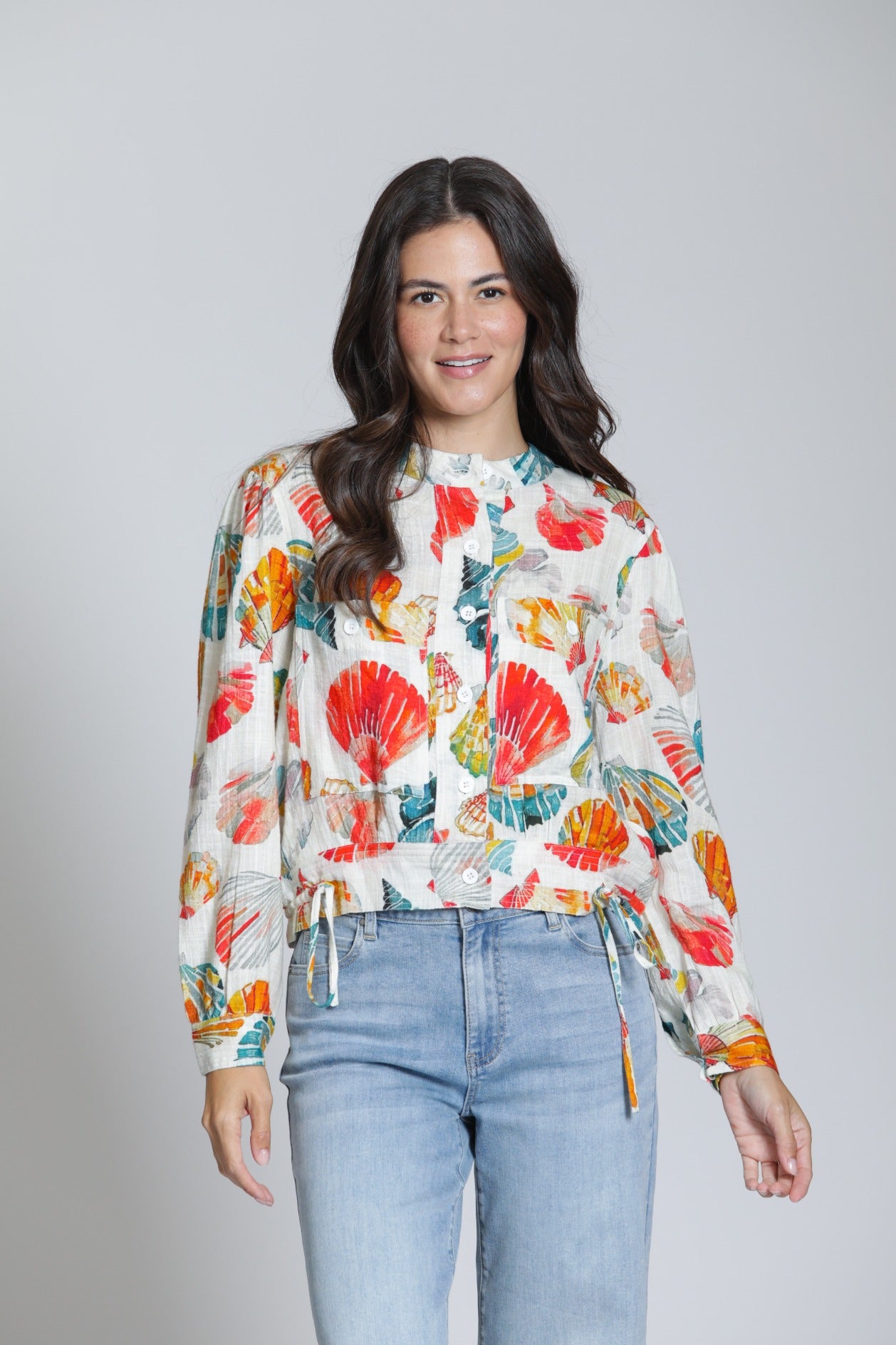 APNY Seashell Print Woven Shirt – Hot Coral Multi-Tops-APNY-Deja Nu Boutique, Women's Fashion Boutique in Lampasas, Texas