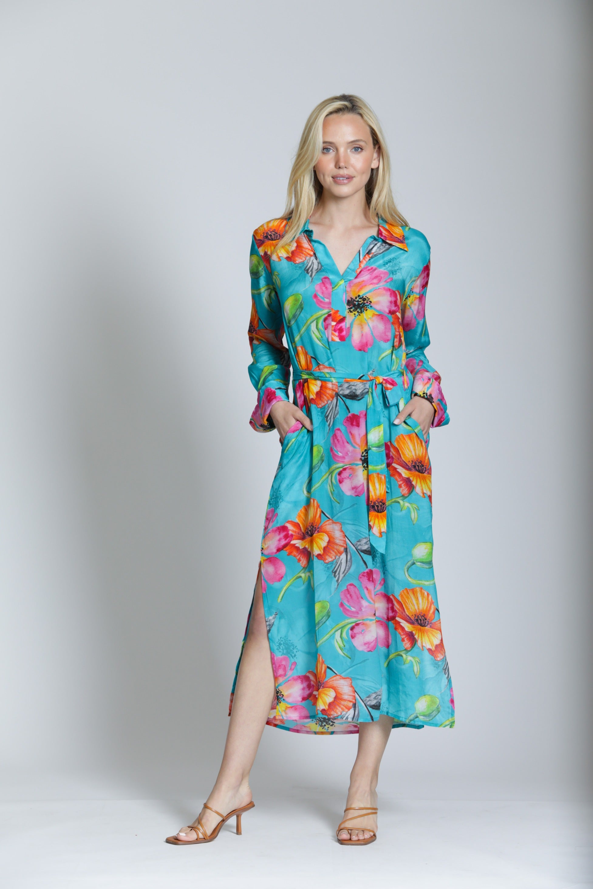 APNY Tropical Bloom Half Placket Maxi Dress – Teal Multi-Maxi Dresses-APNY-Deja Nu Boutique, Women's Fashion Boutique in Lampasas, Texas