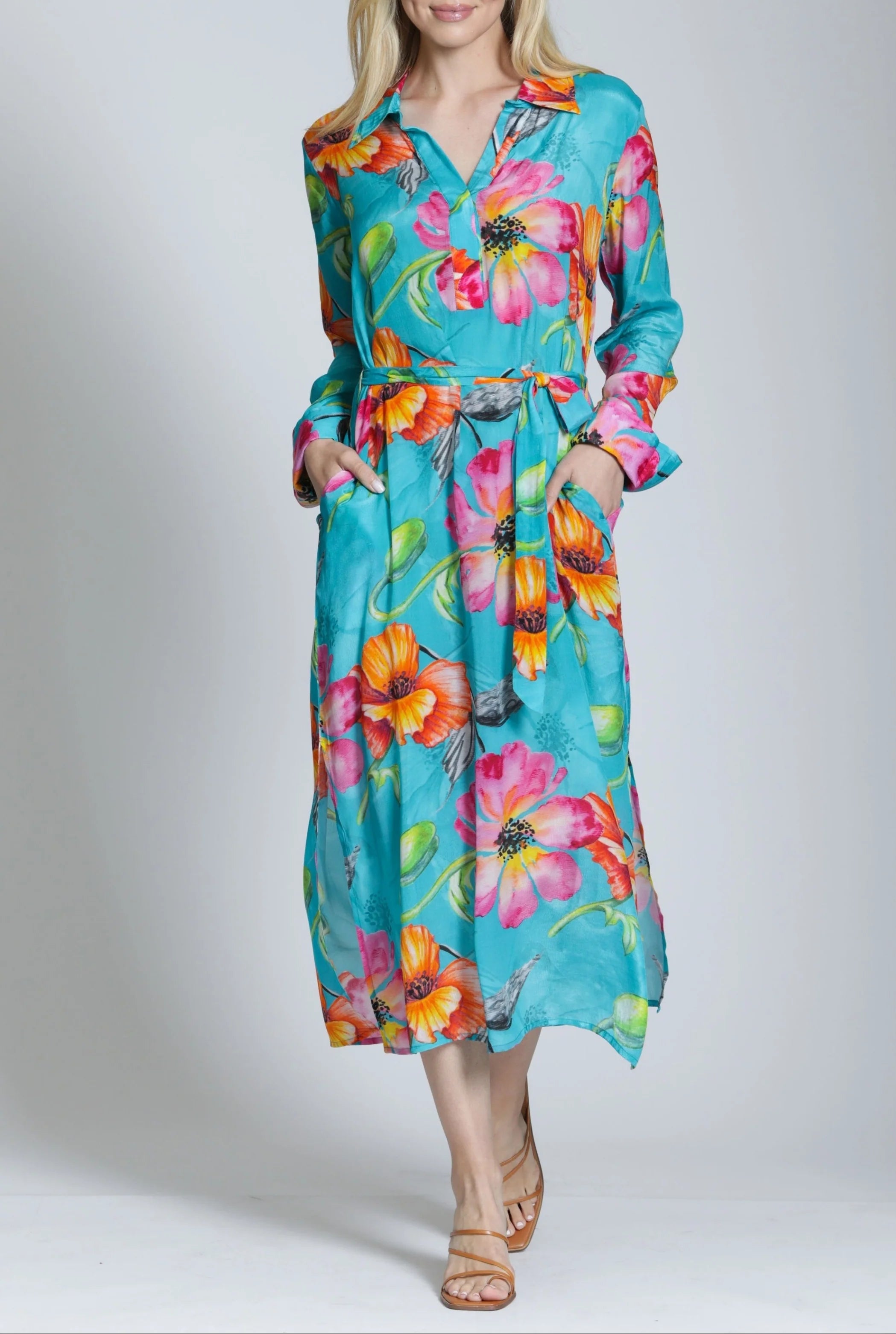 APNY Tropical Bloom Half Placket Maxi Dress – Teal Multi-Maxi Dresses-APNY-Deja Nu Boutique, Women's Fashion Boutique in Lampasas, Texas