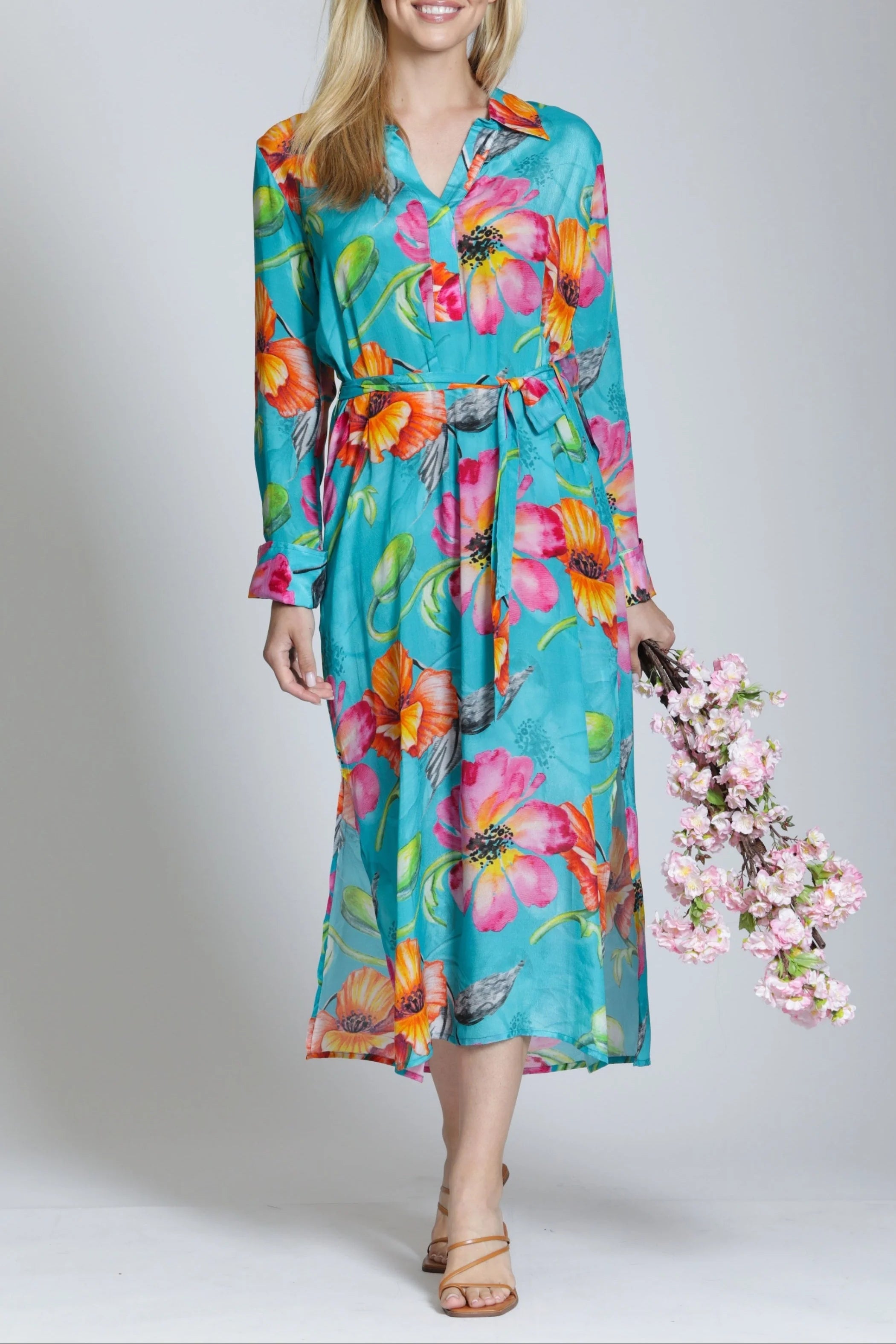 APNY Tropical Bloom Half Placket Maxi Dress – Teal Multi-Maxi Dresses-APNY-Deja Nu Boutique, Women's Fashion Boutique in Lampasas, Texas