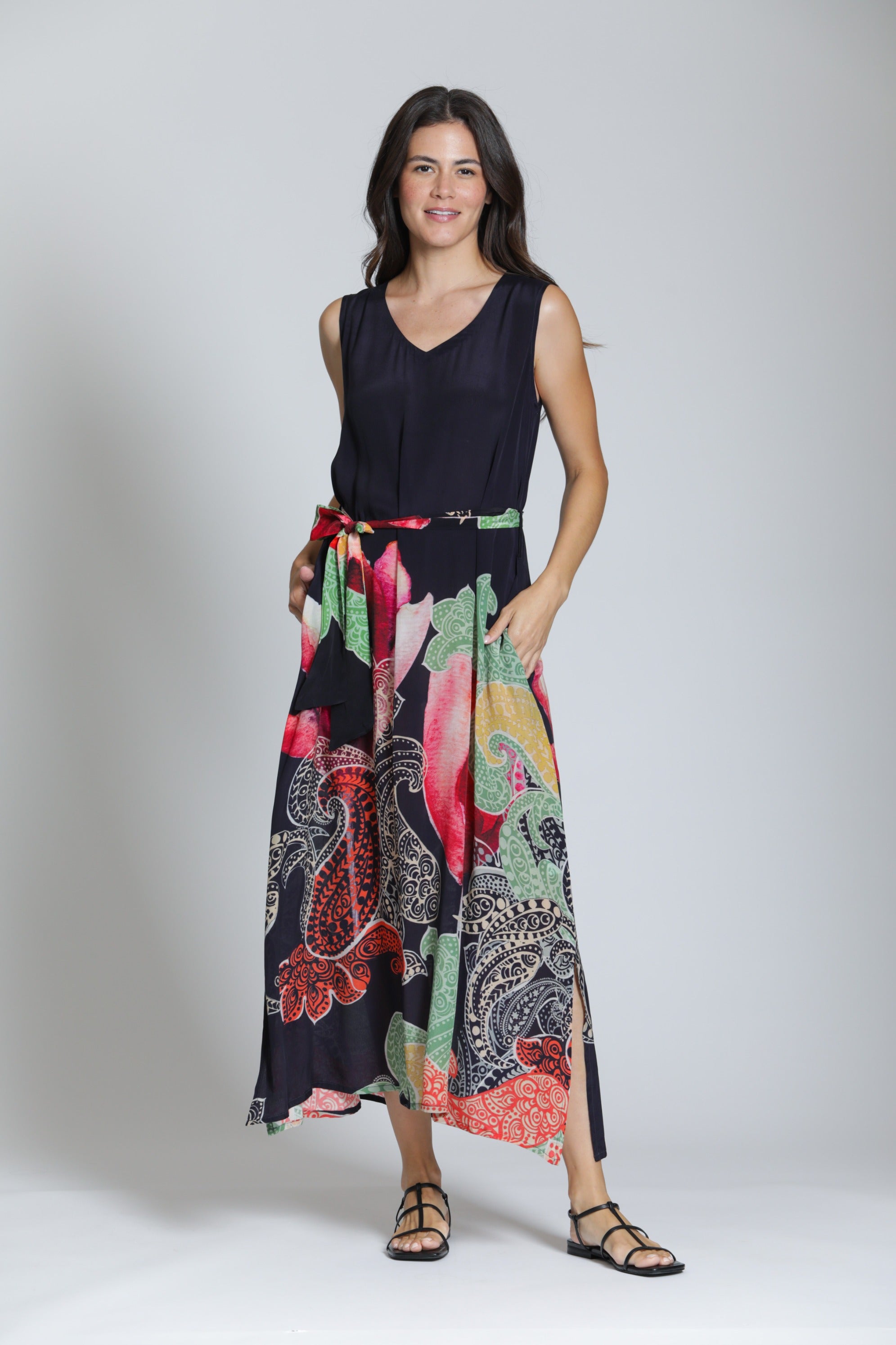 APNY V Neck Tank Long Dress in Red Multi-Tops-APNY-Deja Nu Boutique, Women's Fashion Boutique in Lampasas, Texas