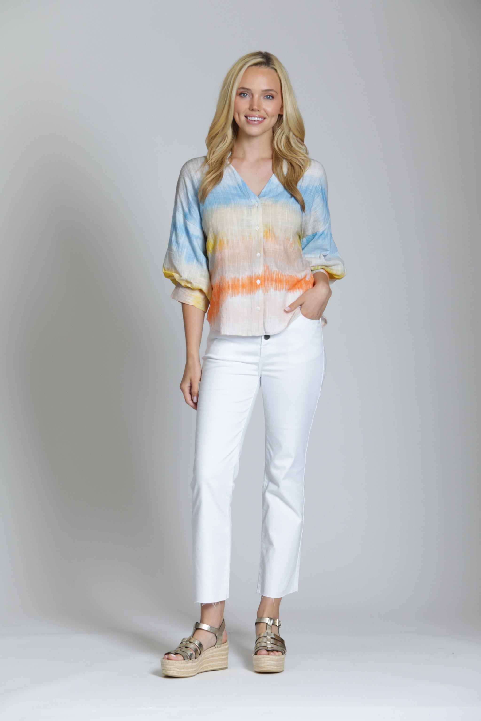 APNY Watercolor Blouson Sleeve Shirt in Multi-Tops-APNY-Deja Nu Boutique, Women's Fashion Boutique in Lampasas, Texas