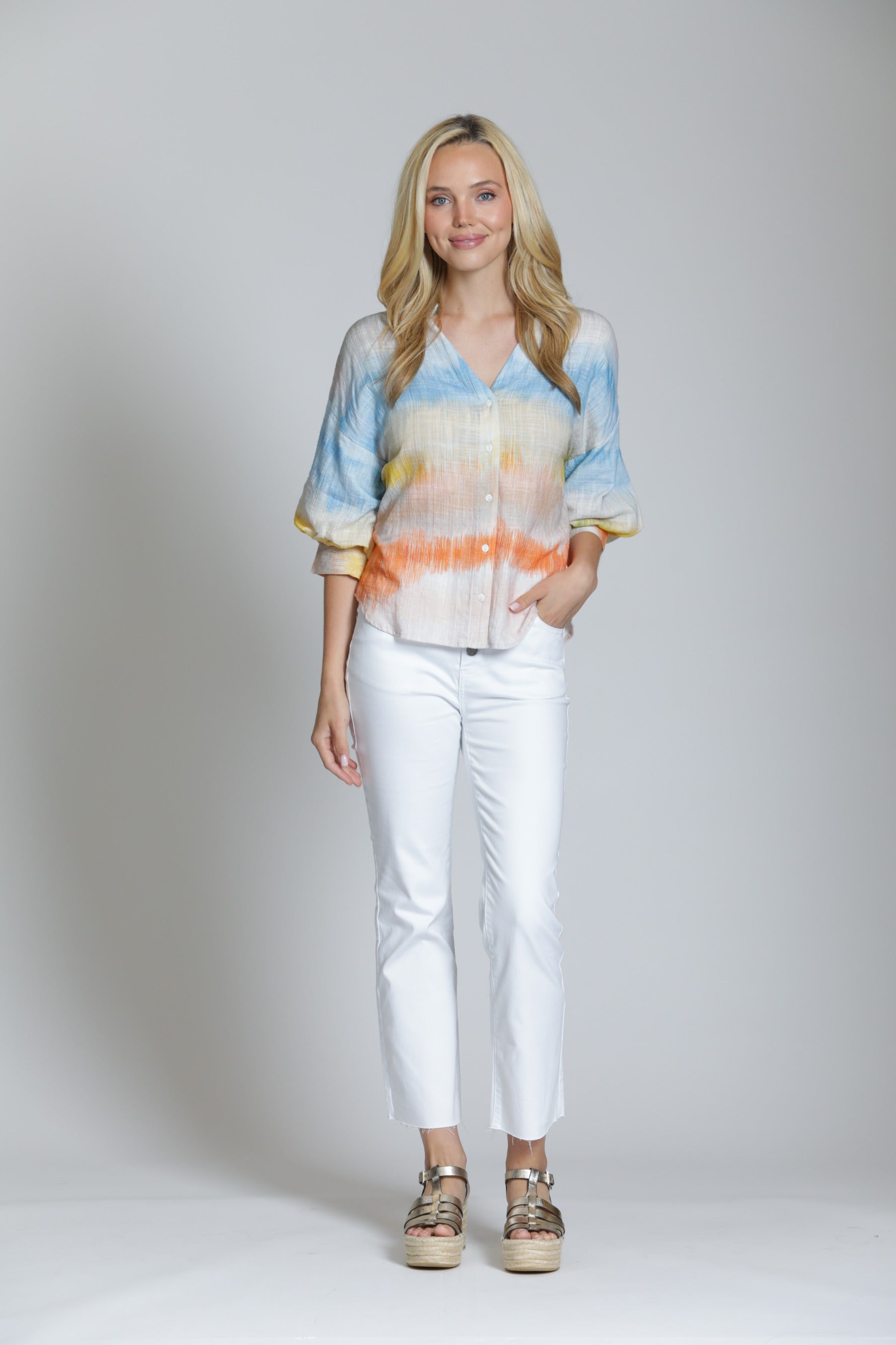 APNY Watercolor Blouson Sleeve Shirt in Multi-Tops-APNY-Deja Nu Boutique, Women's Fashion Boutique in Lampasas, Texas