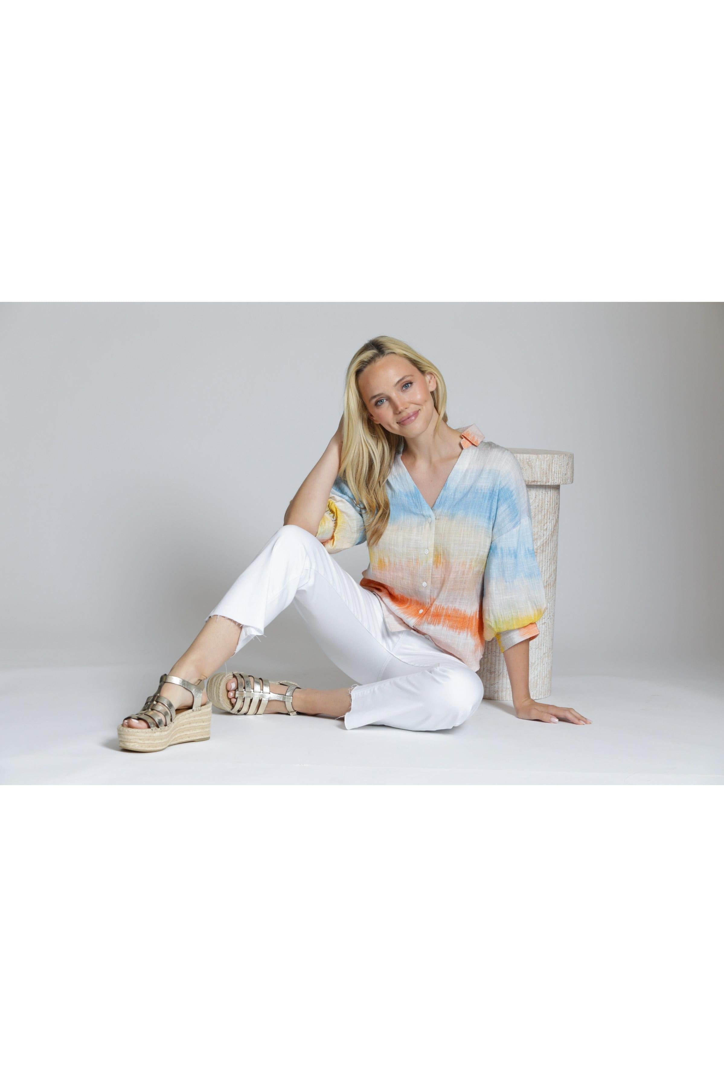 APNY Watercolor Blouson Sleeve Shirt in Multi-Tops-APNY-Deja Nu Boutique, Women's Fashion Boutique in Lampasas, Texas
