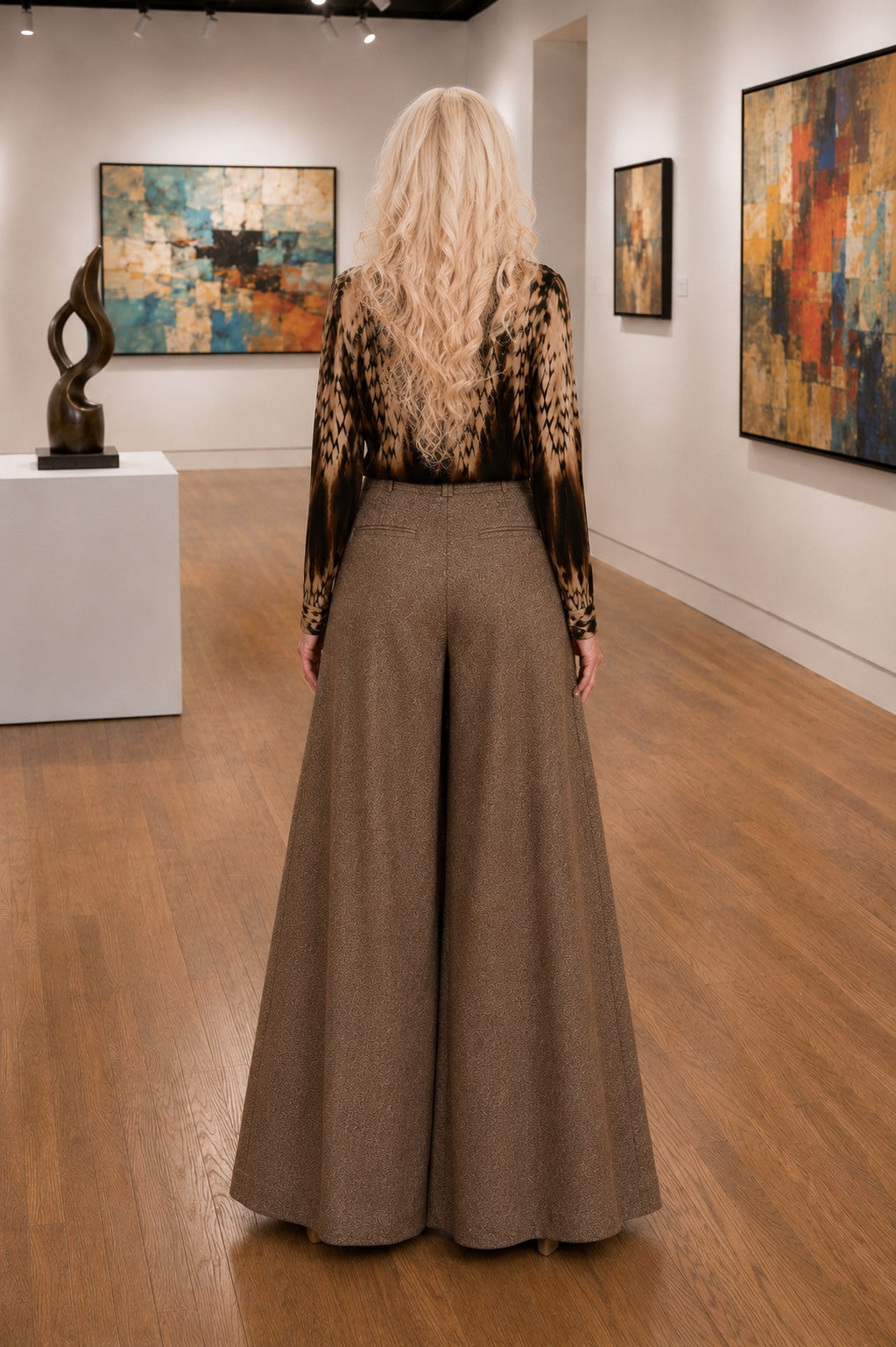 Back view of Apricot brown wide leg tailored trousers showing the flowing full-length silhouette.