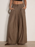 Apricot brown inverted pleat wide tailored trousers with front pleating, side pockets and super wide legs, style X246212.