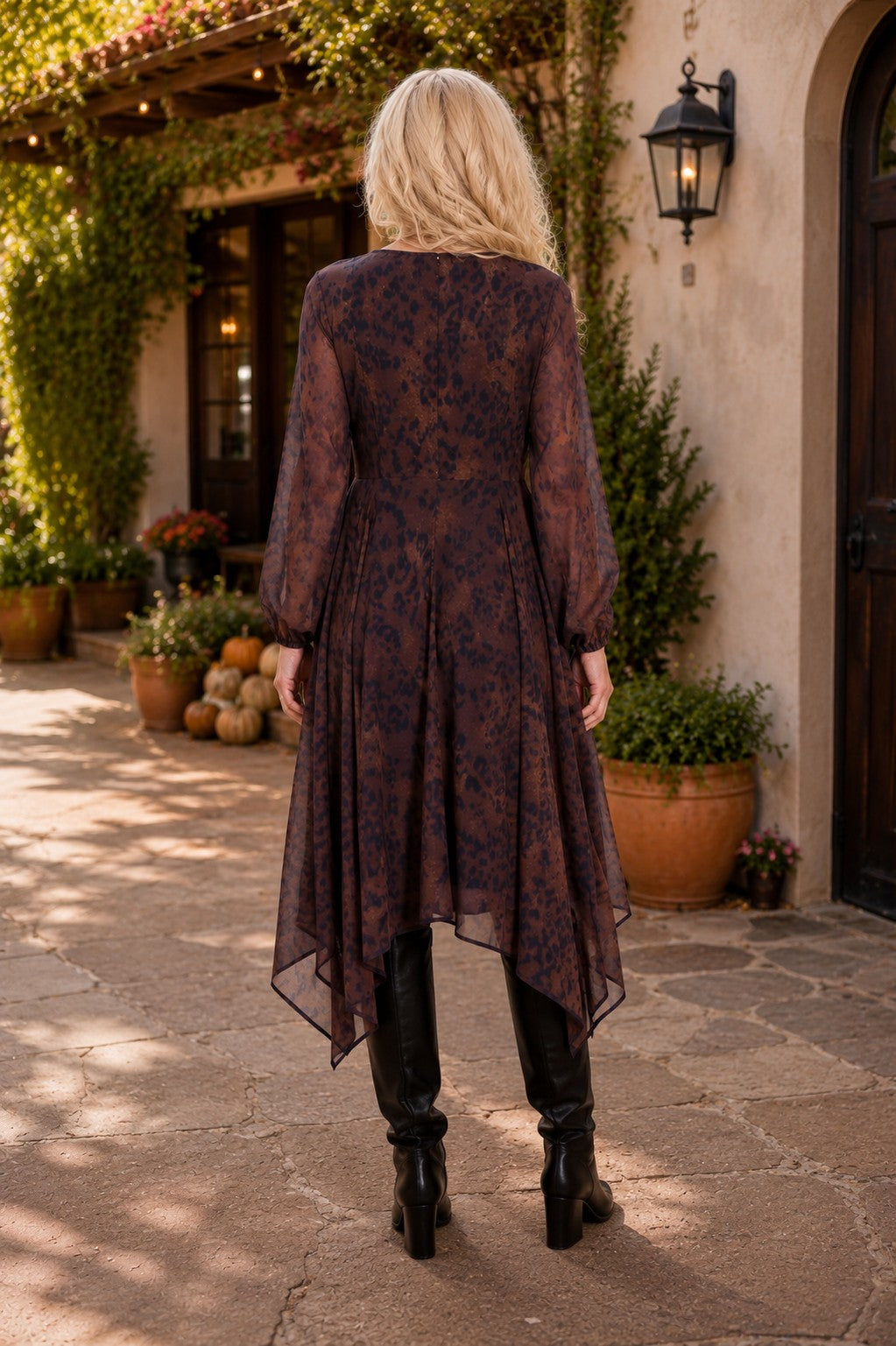 Apricot Brushed Distressed Leopard Hanky Hem Dress in Brown-Midi Dresses-Apricot-Deja Nu Boutique, Women's Fashion Boutique in Lampasas, Texas