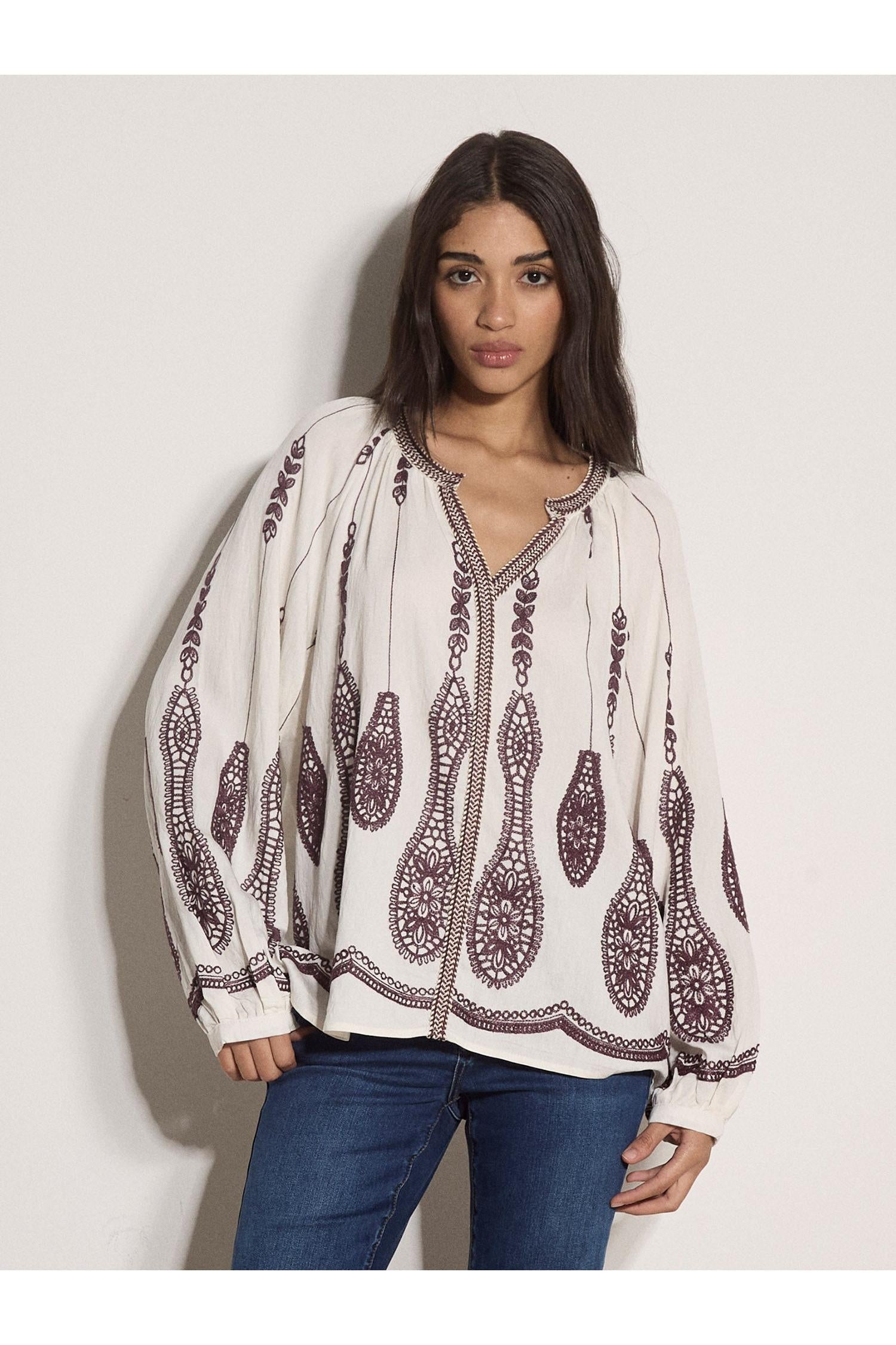 Apricot Embroidered Paisley Border Boho Shirt in Cream-Tops-Apricot-Deja Nu Boutique, Women's Fashion Boutique in Lampasas, Texas