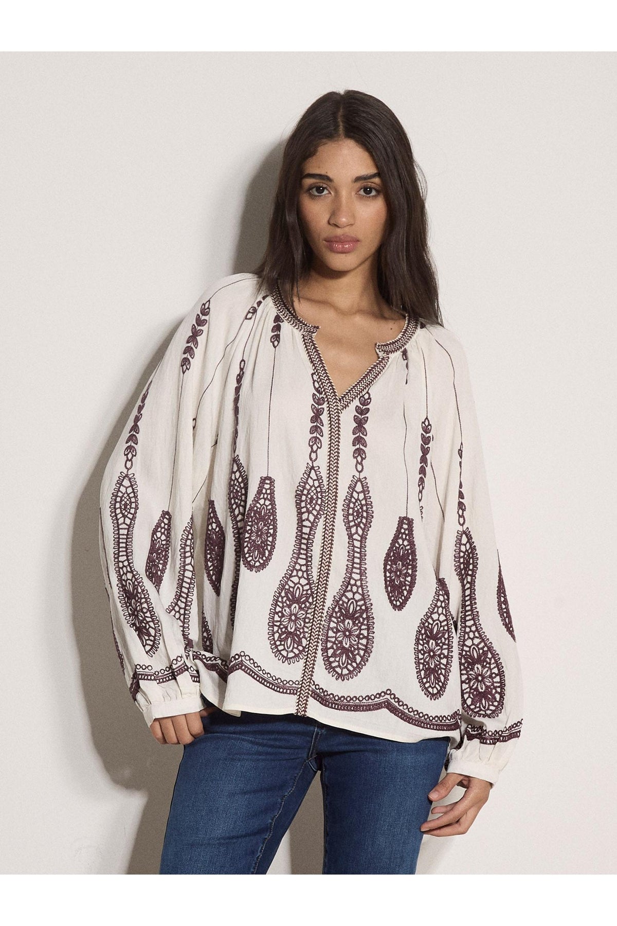Apricot Embroidered Paisley Border Boho Shirt in Cream-Tops-Apricot-Deja Nu Boutique, Women's Fashion Boutique in Lampasas, Texas