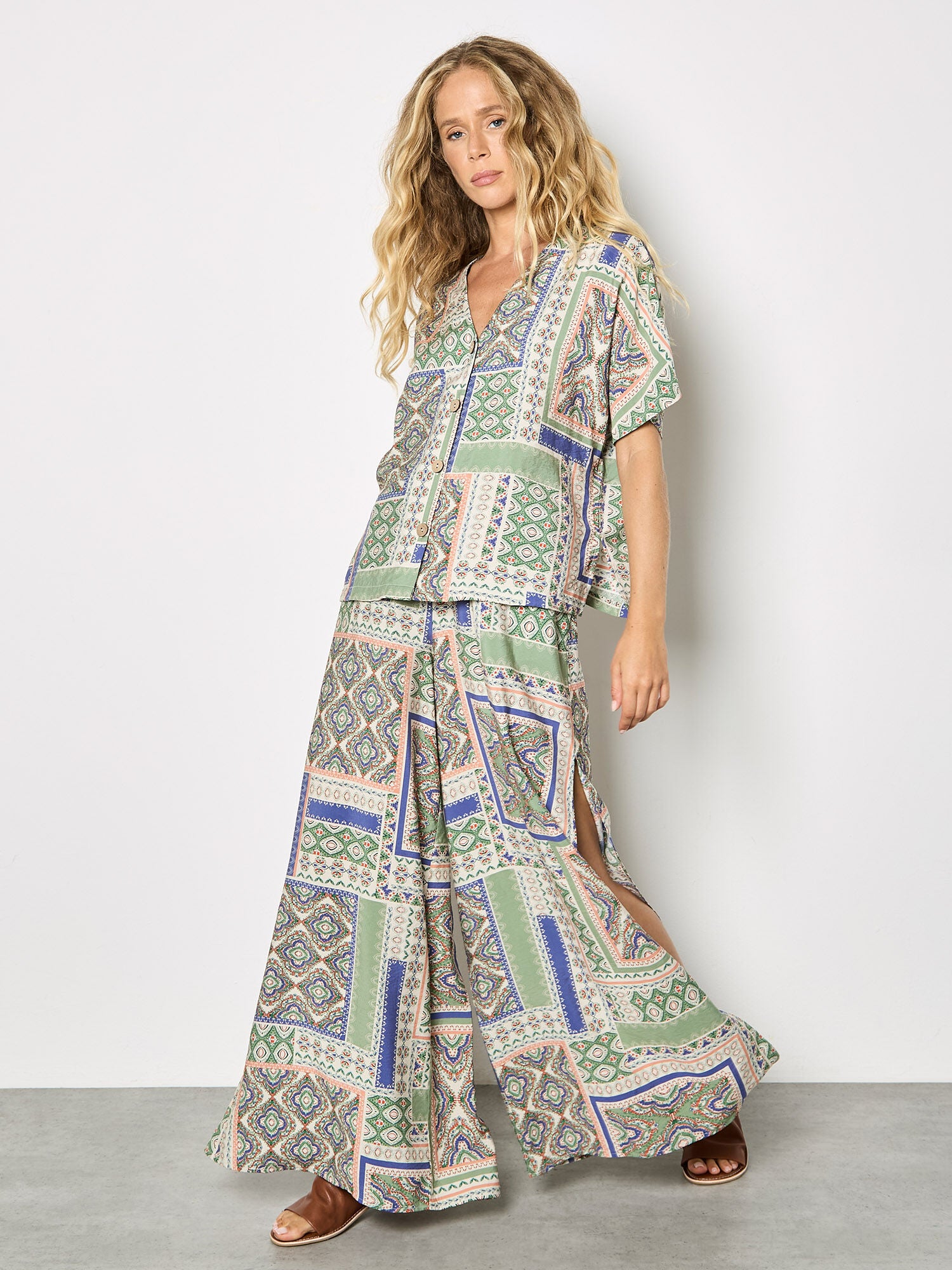 Apricot Folk Patchwork Wide Leg Trousers – Stone-trousers-Apricot-Deja Nu Boutique, Women's Fashion Boutique in Lampasas, Texas