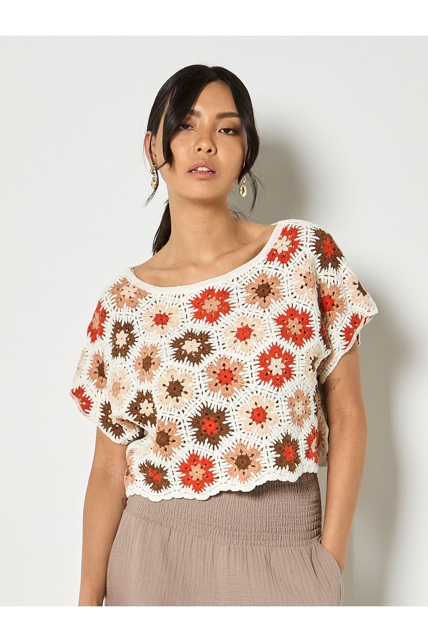 Apricot Hexagon Flowers Crochet Top in Orange-Tops-Apricot-Deja Nu Boutique, Women's Fashion Boutique in Lampasas, Texas
