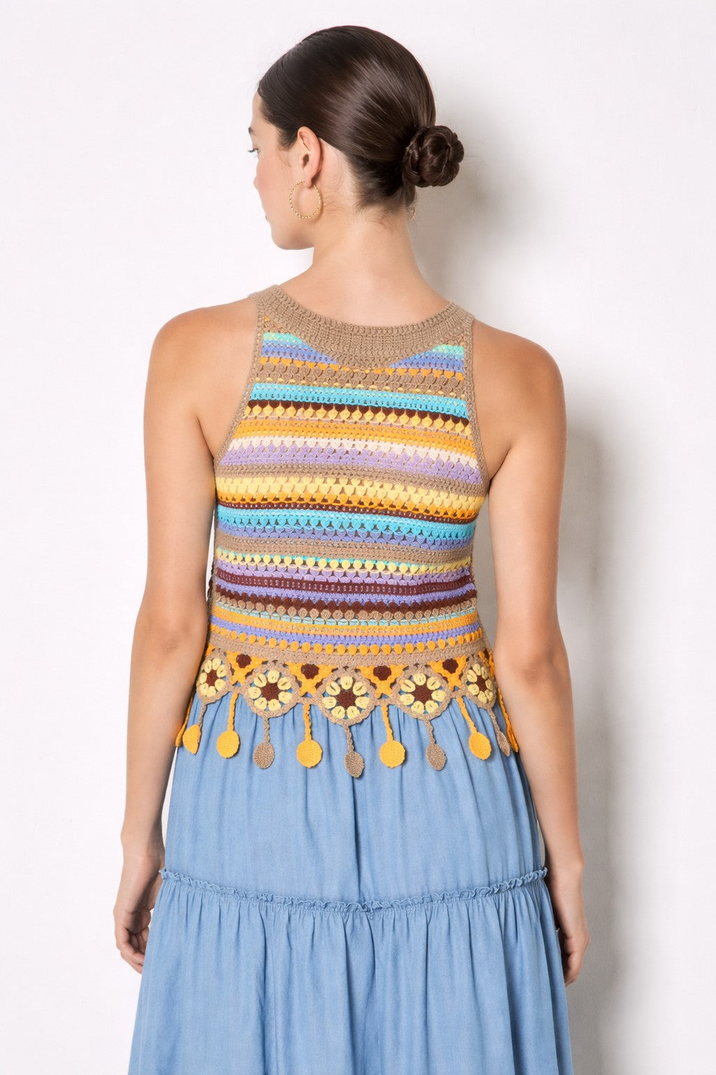 Apricot Multi Stripe Tassel Crochet Top in Brown Multi-tank-Apricot-Deja Nu Boutique, Women's Fashion Boutique in Lampasas, Texas