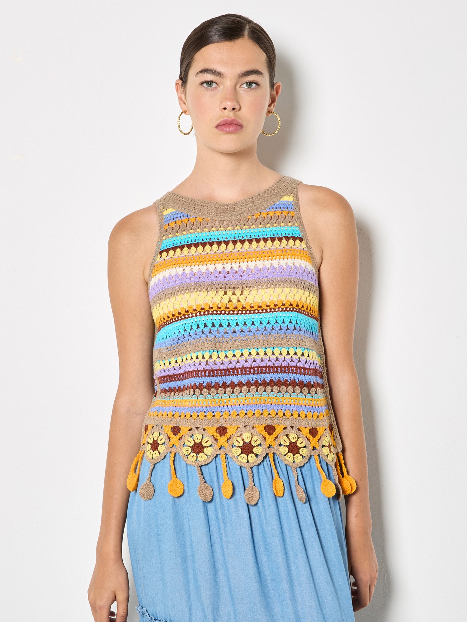 Apricot Multi Stripe Tassel Crochet Top in Brown Multi-tank-Apricot-Deja Nu Boutique, Women's Fashion Boutique in Lampasas, Texas