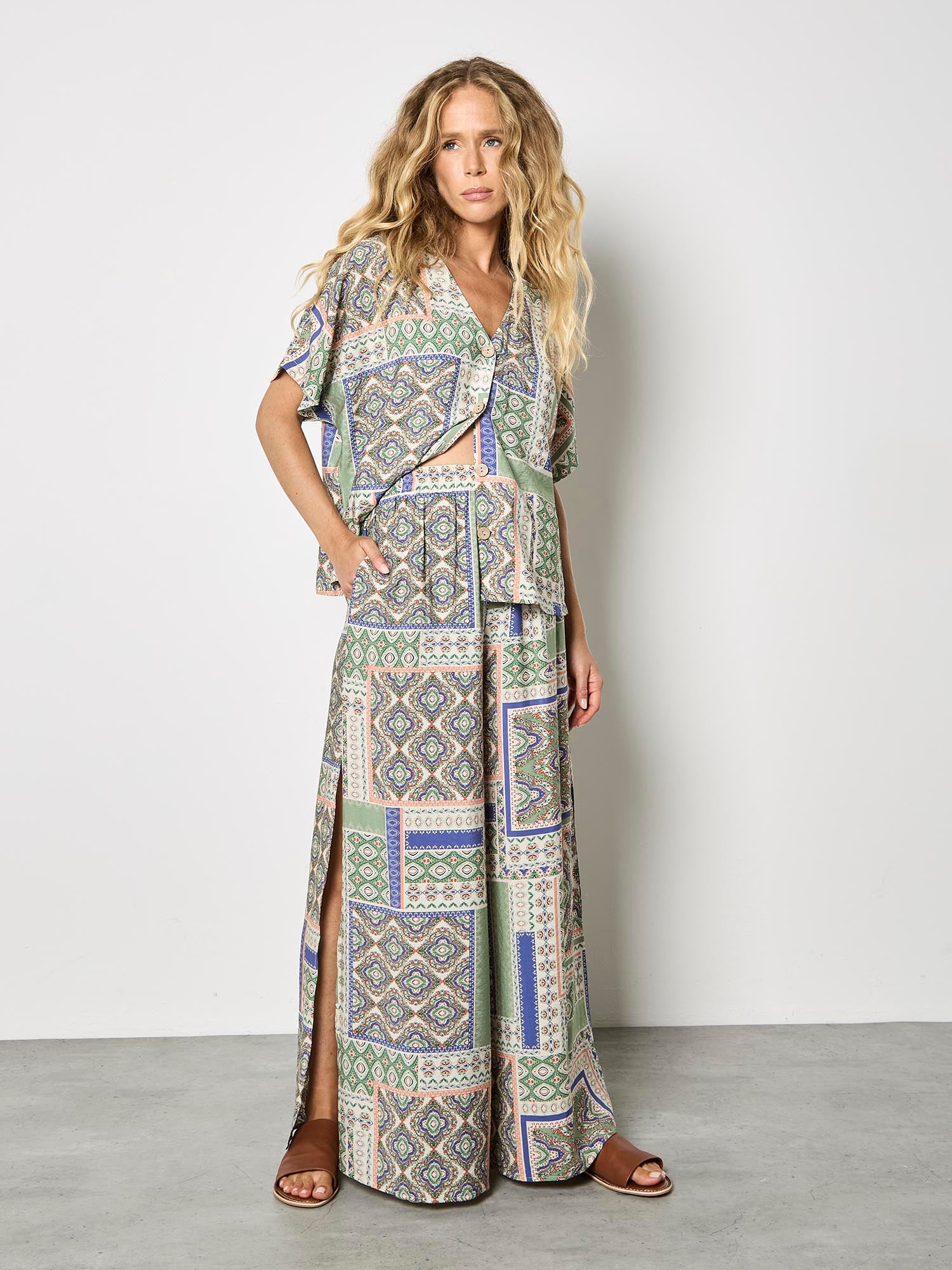 Apricot Folk Patchwork Wide Leg Trousers – Stone-trousers-Apricot-Deja Nu Boutique, Women's Fashion Boutique in Lampasas, Texas