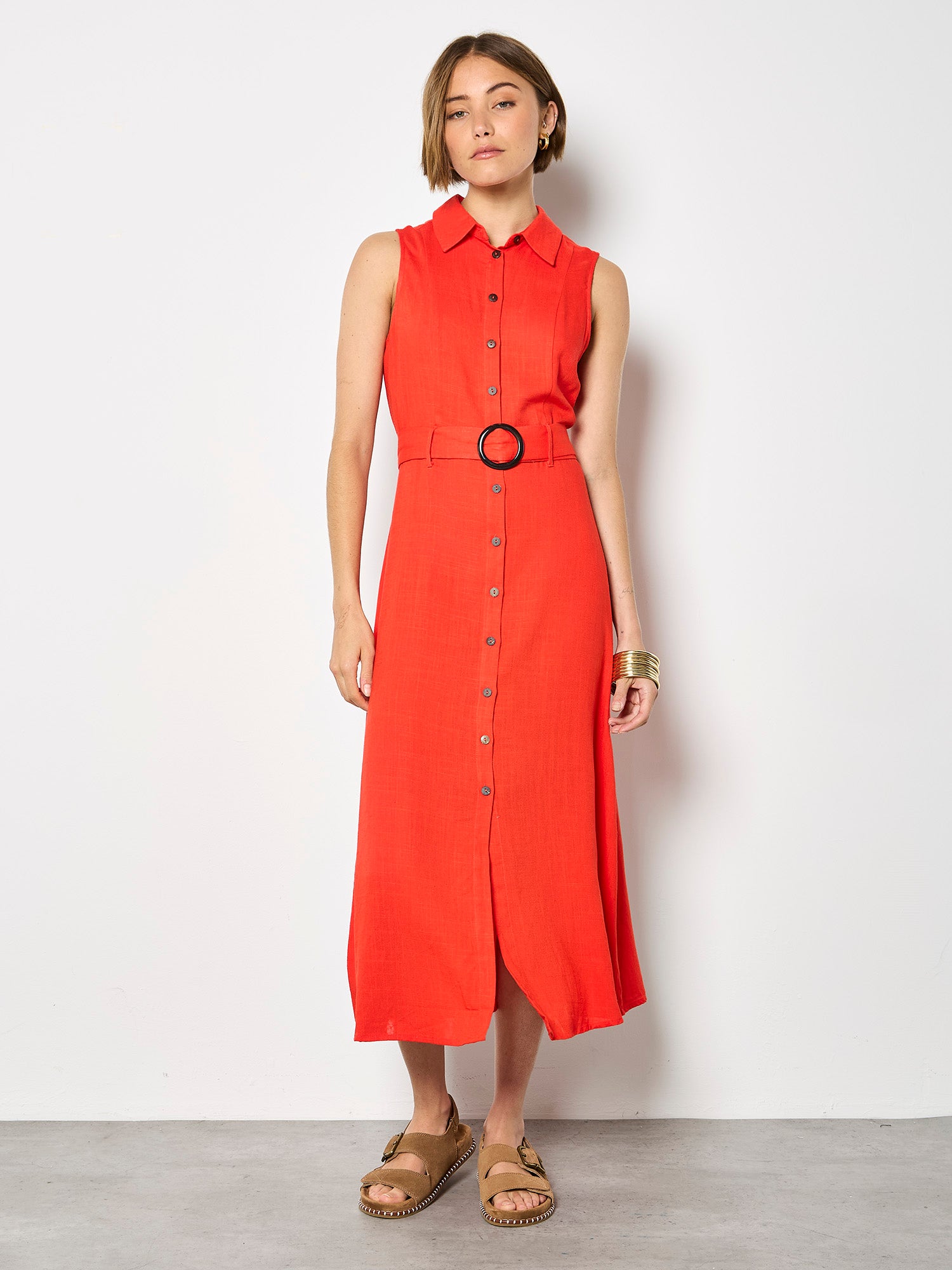 Apricot Sleeveless Belted Shirt Midi Dress in Red-Midi Dresses-Apricot-Deja Nu Boutique, Women's Fashion Boutique in Lampasas, Texas