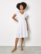 Apricot Sequin Embroidered Flower Ruffle Sleeve Dress in White-Midi Dresses-Apricot-Deja Nu Boutique, Women's Fashion Boutique in Lampasas, Texas
