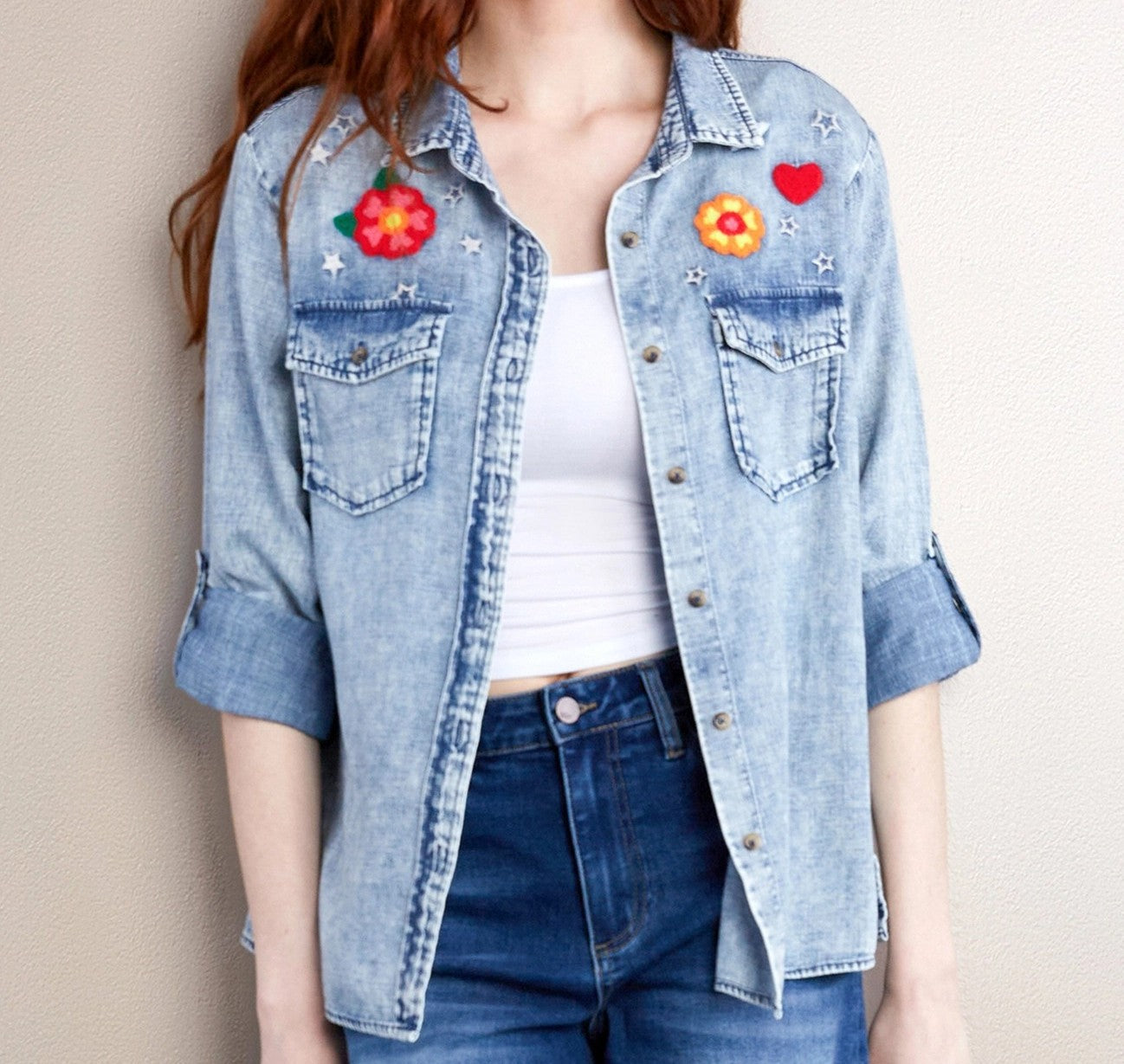 Billy T Birds of a Feather Embroidered Denim Shirt-shirts-Billy T-Deja Nu Boutique, Women's Fashion Boutique in Lampasas, Texas