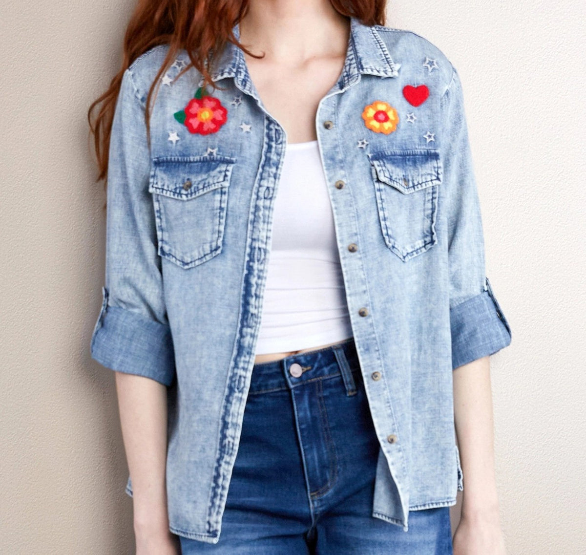 Billy T Birds of a Feather Embroidered Denim Shirt-shirts-Billy T-Deja Nu Boutique, Women's Fashion Boutique in Lampasas, Texas
