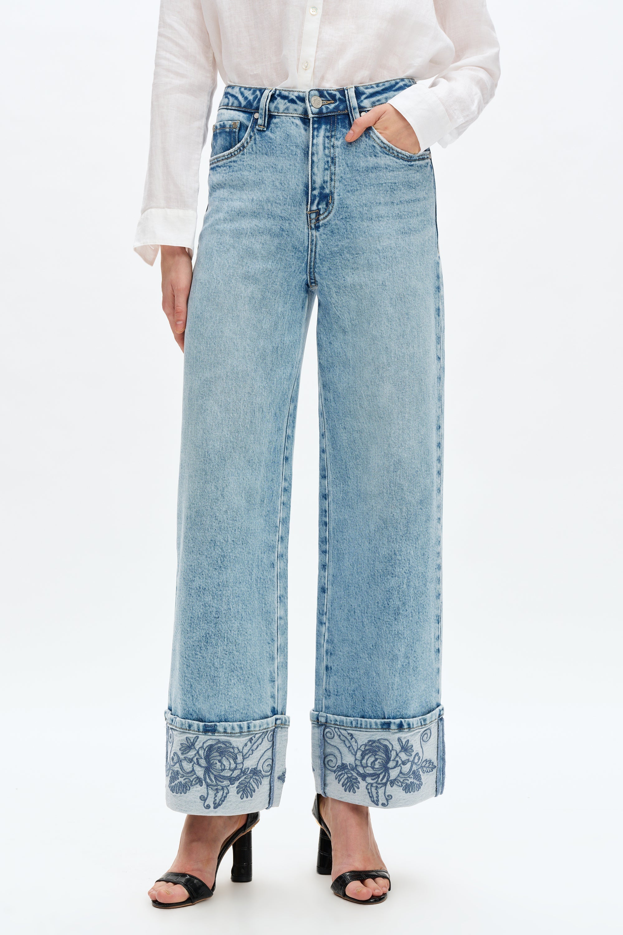 Bayeas Flora High Rise Wide Leg Embroidered Cuff Jeans-Jeans-Bayeas-Deja Nu Boutique, Women's Fashion Boutique in Lampasas, Texas