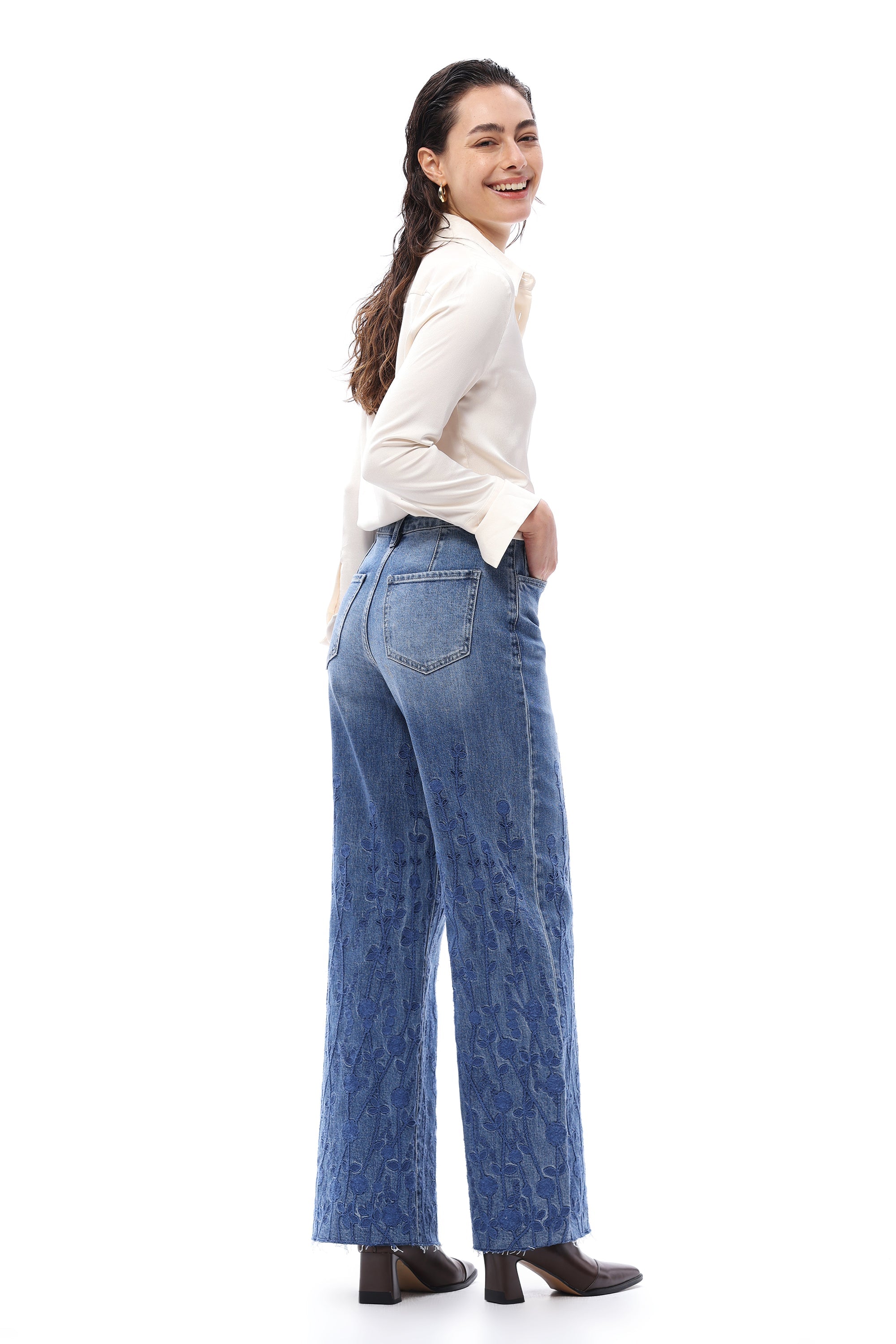 Bayeas High Rise Embroidered Wide Leg Jeans in Medium Blue-Jeans-Bayeas-Deja Nu Boutique, Women's Fashion Boutique in Lampasas, Texas