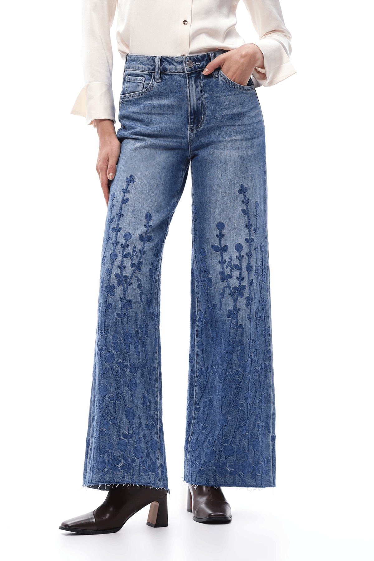 Bayeas High Rise Embroidered Wide Leg Jeans in Medium Blue-Jeans-Bayeas-Deja Nu Boutique, Women's Fashion Boutique in Lampasas, Texas
