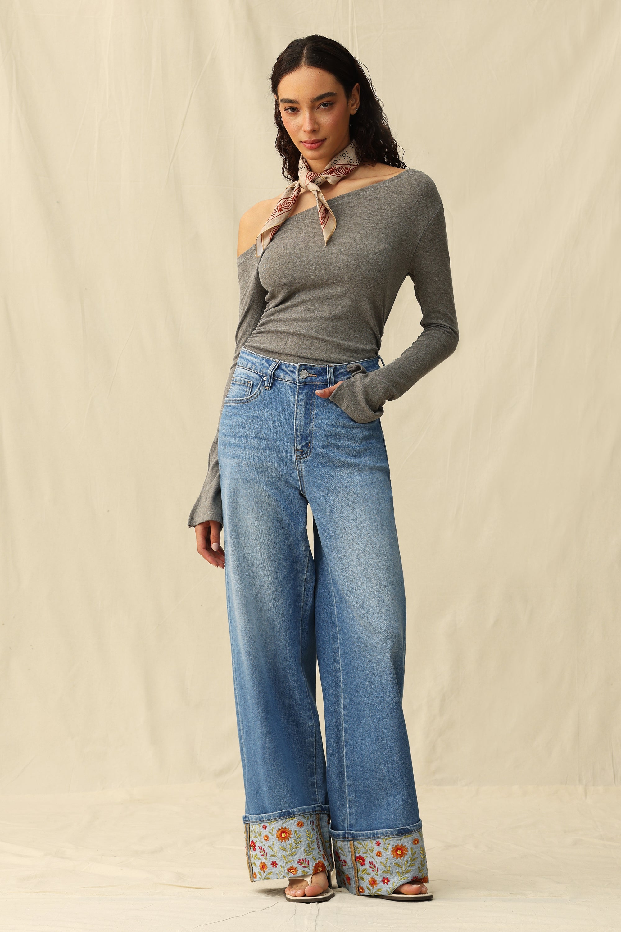 Bayeas High Rise Wide Leg Embroidered Cuff Jeans in Medium Blue-Jeans-Bayeas-Deja Nu Boutique, Women's Fashion Boutique in Lampasas, Texas