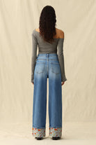 Bayeas High Rise Wide Leg Embroidered Cuff Jeans in Medium Blue-Jeans-Bayeas-Deja Nu Boutique, Women's Fashion Boutique in Lampasas, Texas
