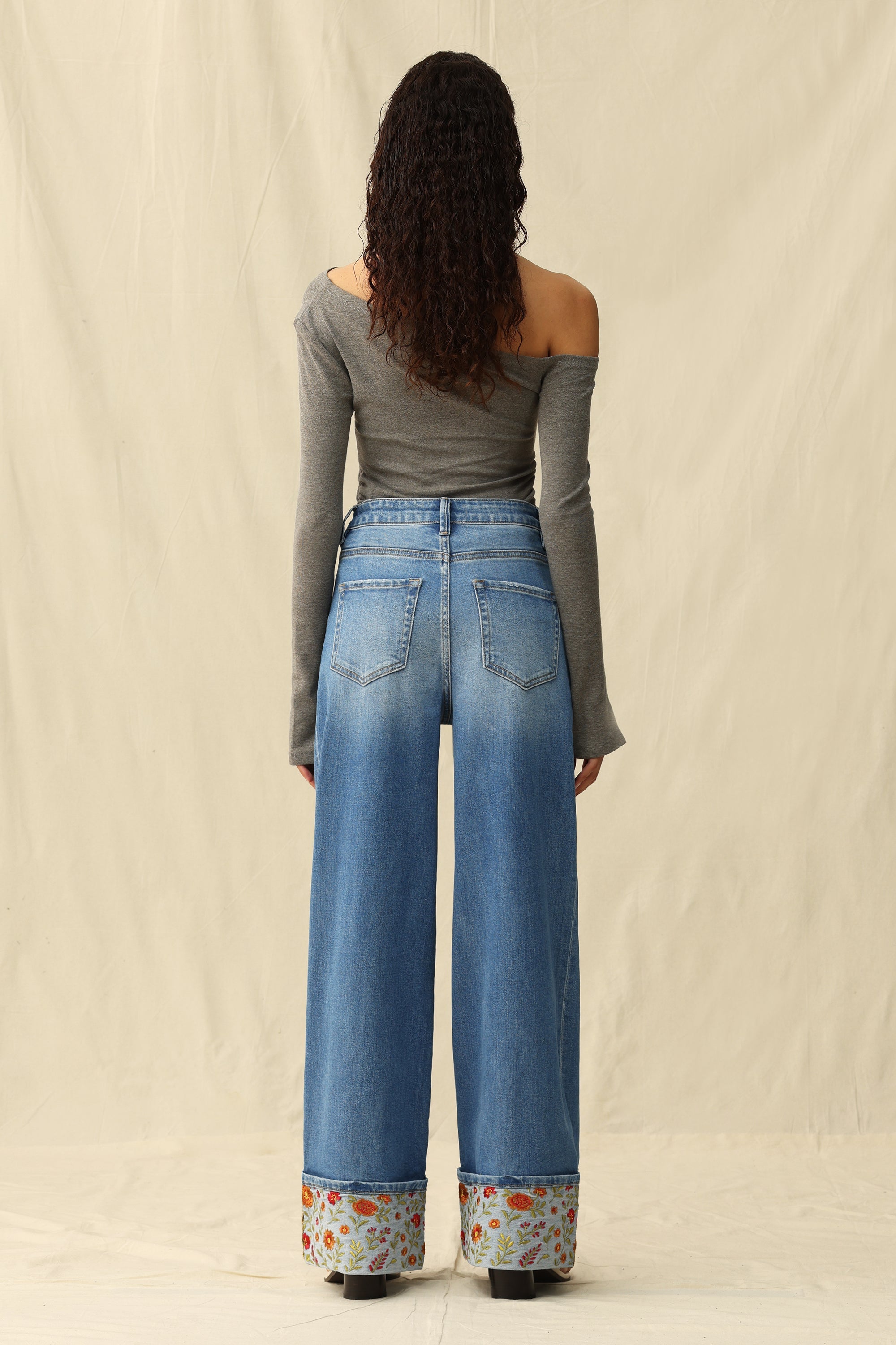 Bayeas High Rise Wide Leg Embroidered Cuff Jeans in Medium Blue-Jeans-Bayeas-Deja Nu Boutique, Women's Fashion Boutique in Lampasas, Texas