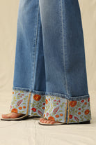 Bayeas High Rise Wide Leg Embroidered Cuff Jeans in Medium Blue-Jeans-Bayeas-Deja Nu Boutique, Women's Fashion Boutique in Lampasas, Texas