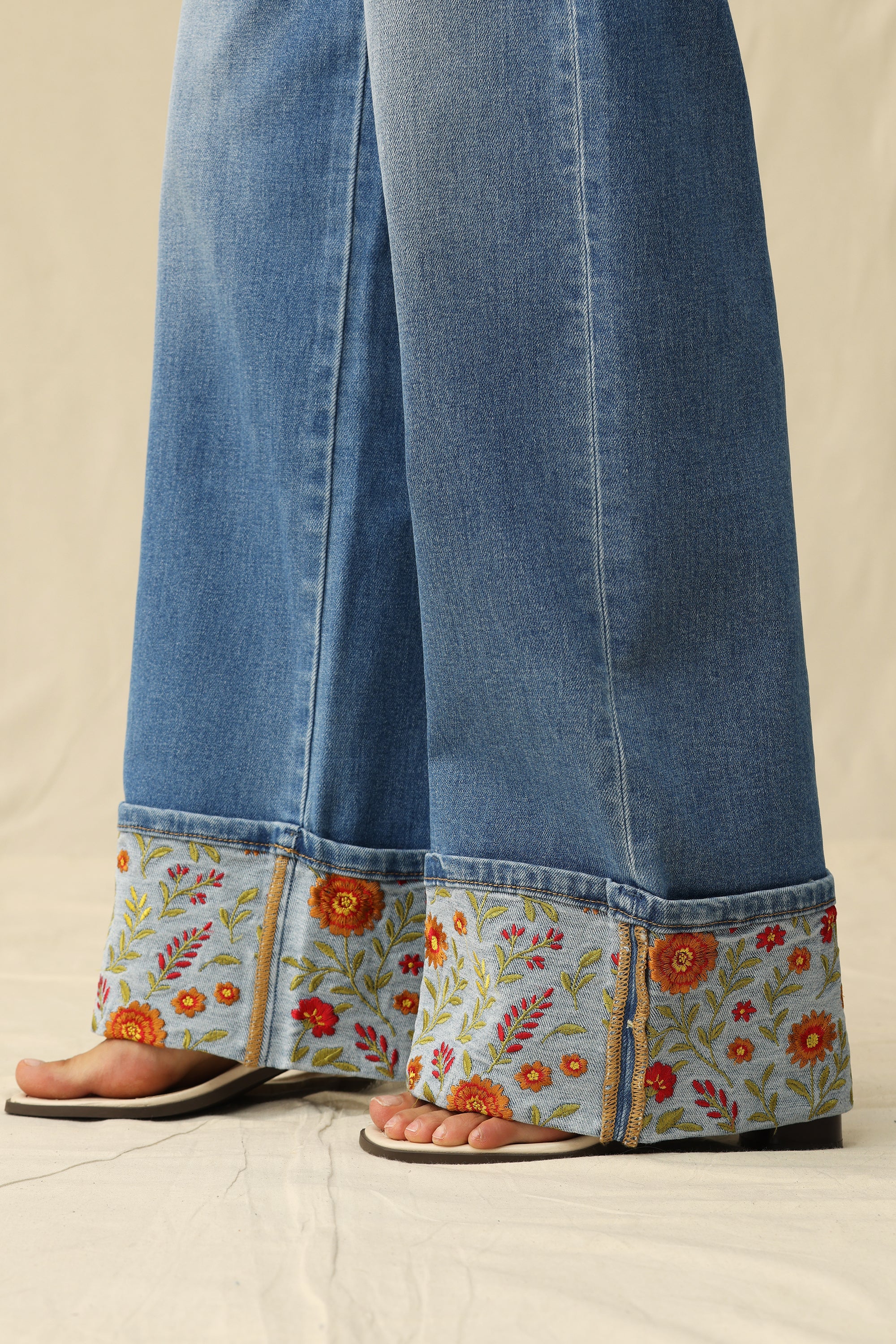 Bayeas High Rise Wide Leg Embroidered Cuff Jeans in Medium Blue-Jeans-Bayeas-Deja Nu Boutique, Women's Fashion Boutique in Lampasas, Texas