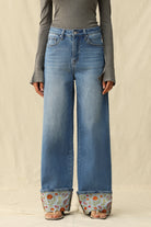 Bayeas High Rise Wide Leg Embroidered Cuff Jeans in Medium Blue-Jeans-Bayeas-Deja Nu Boutique, Women's Fashion Boutique in Lampasas, Texas