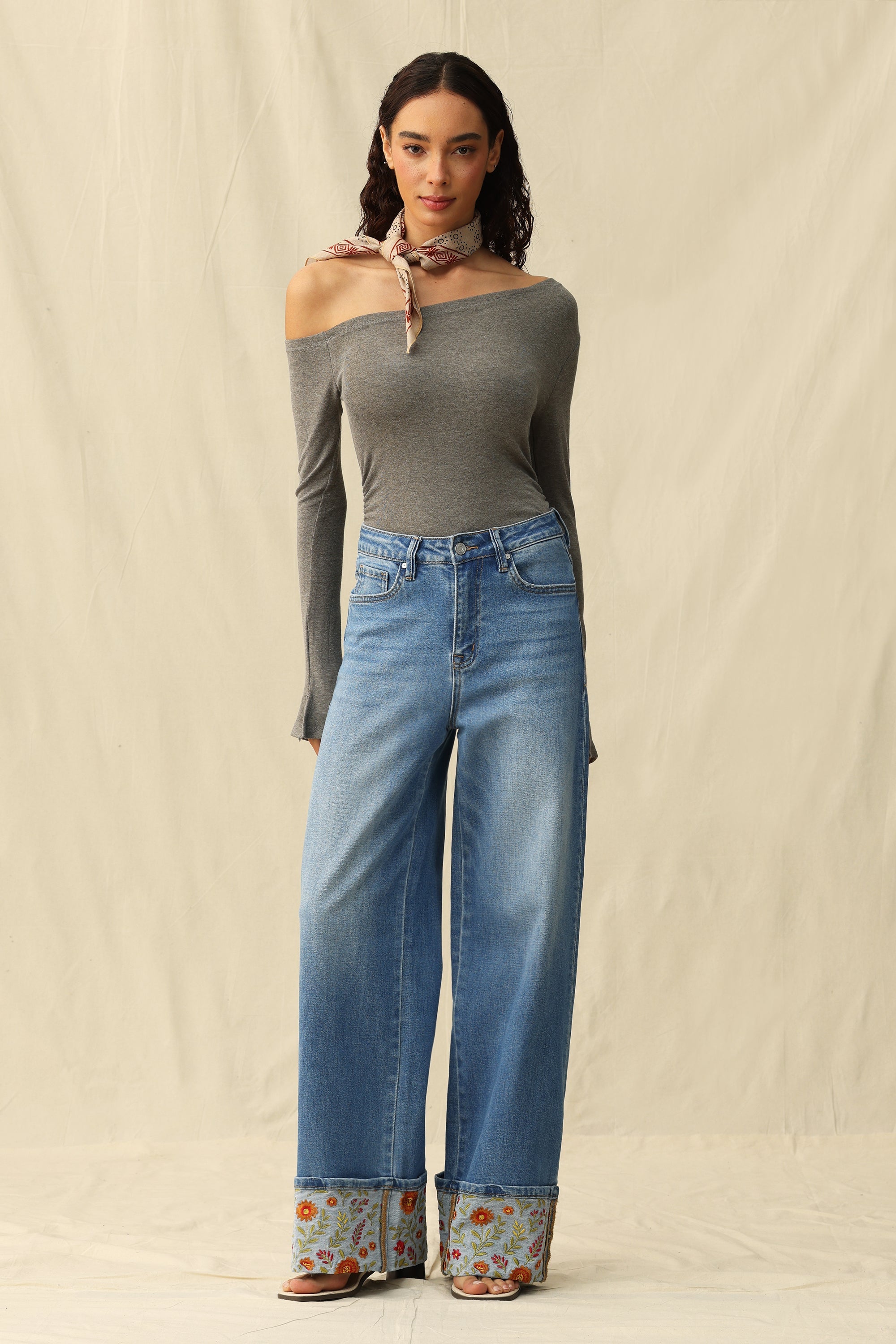 Bayeas High Rise Wide Leg Embroidered Cuff Jeans in Medium Blue-Jeans-Bayeas-Deja Nu Boutique, Women's Fashion Boutique in Lampasas, Texas